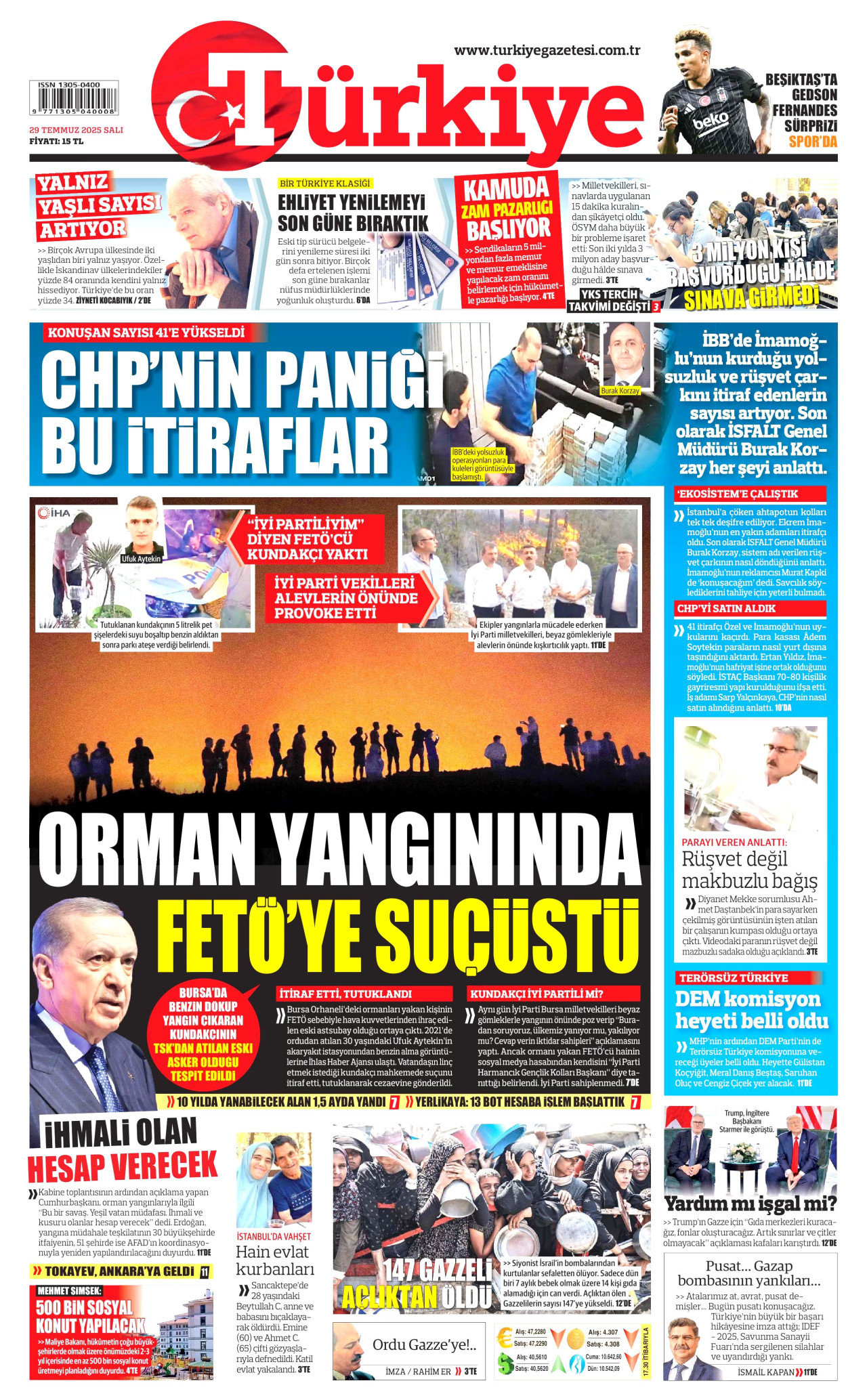 TÜRKİYE GAZETESİ gazetesinin 29 Temmuz 2025 tarihli birinci sayfası