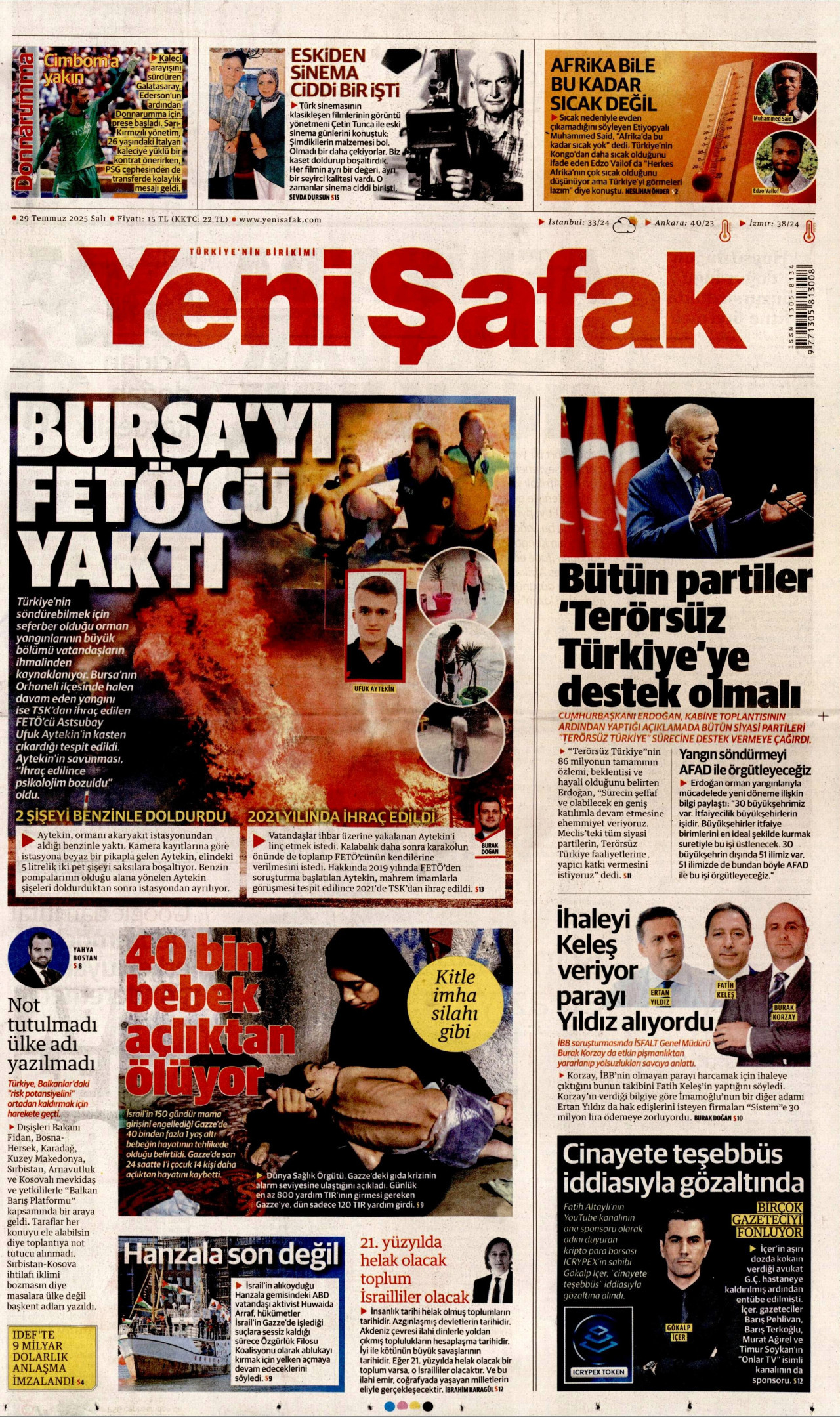 YENİ ŞAFAK gazetesinin 29 Temmuz 2025 tarihli birinci sayfası