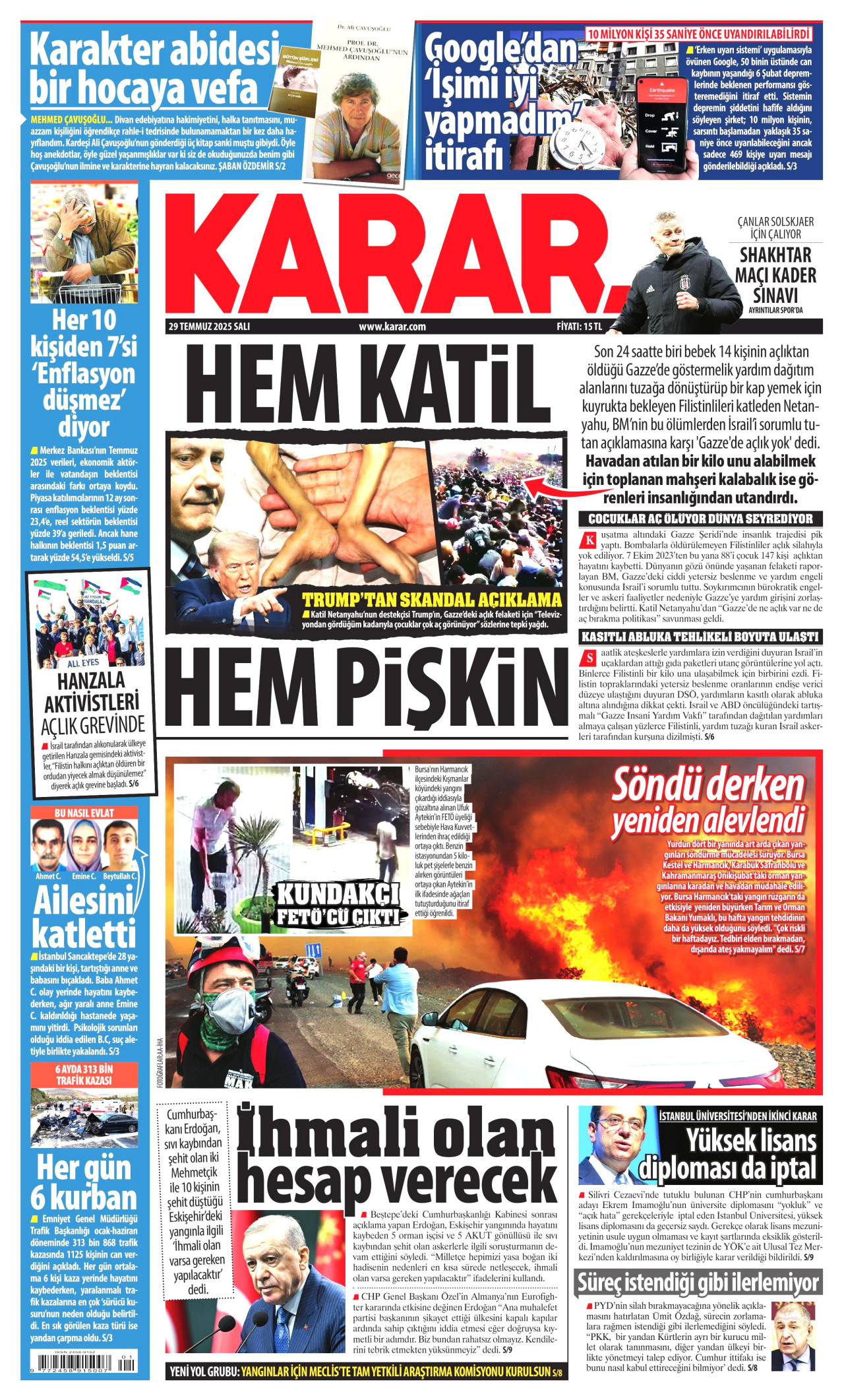 KARAR gazetesinin 29 Temmuz 2025 tarihli birinci sayfası