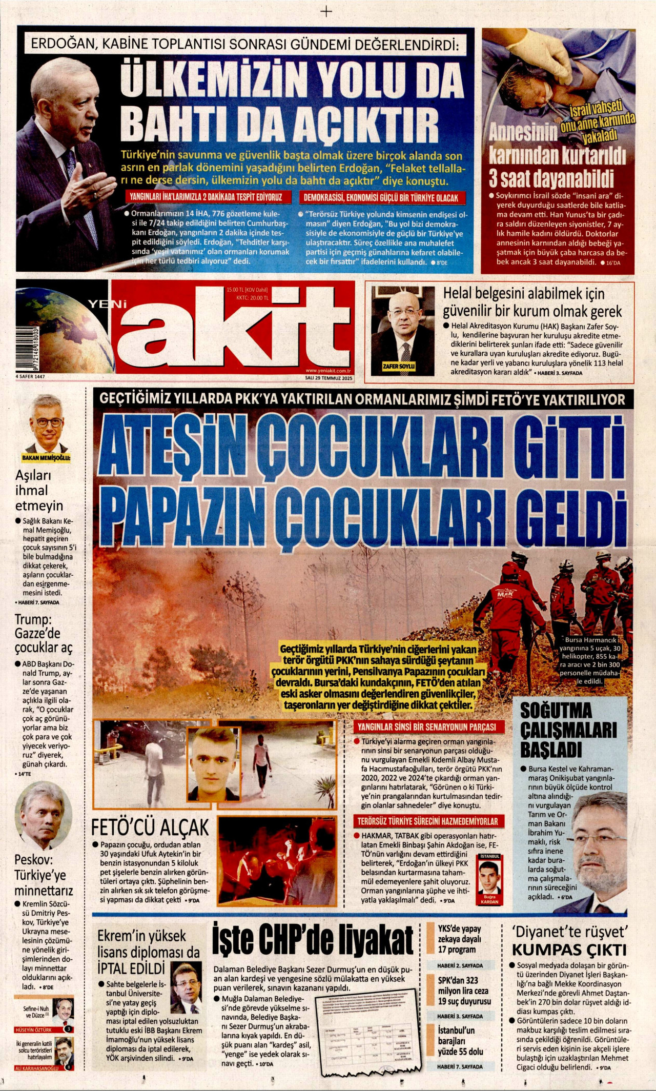YENİ AKİT gazetesinin 29 Temmuz 2025 tarihli birinci sayfası
