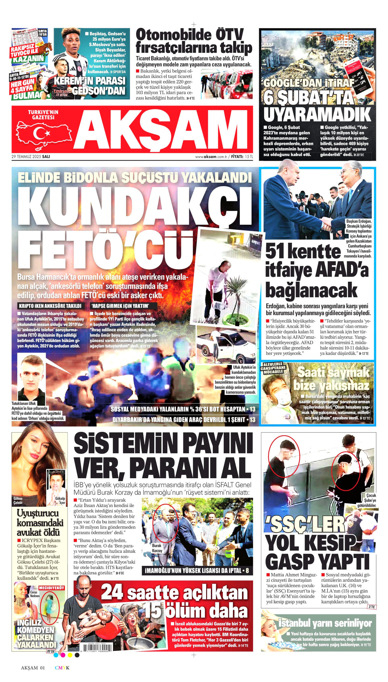 AKŞAM gazetesinin 29 Temmuz 2025 tarihli birinci sayfası