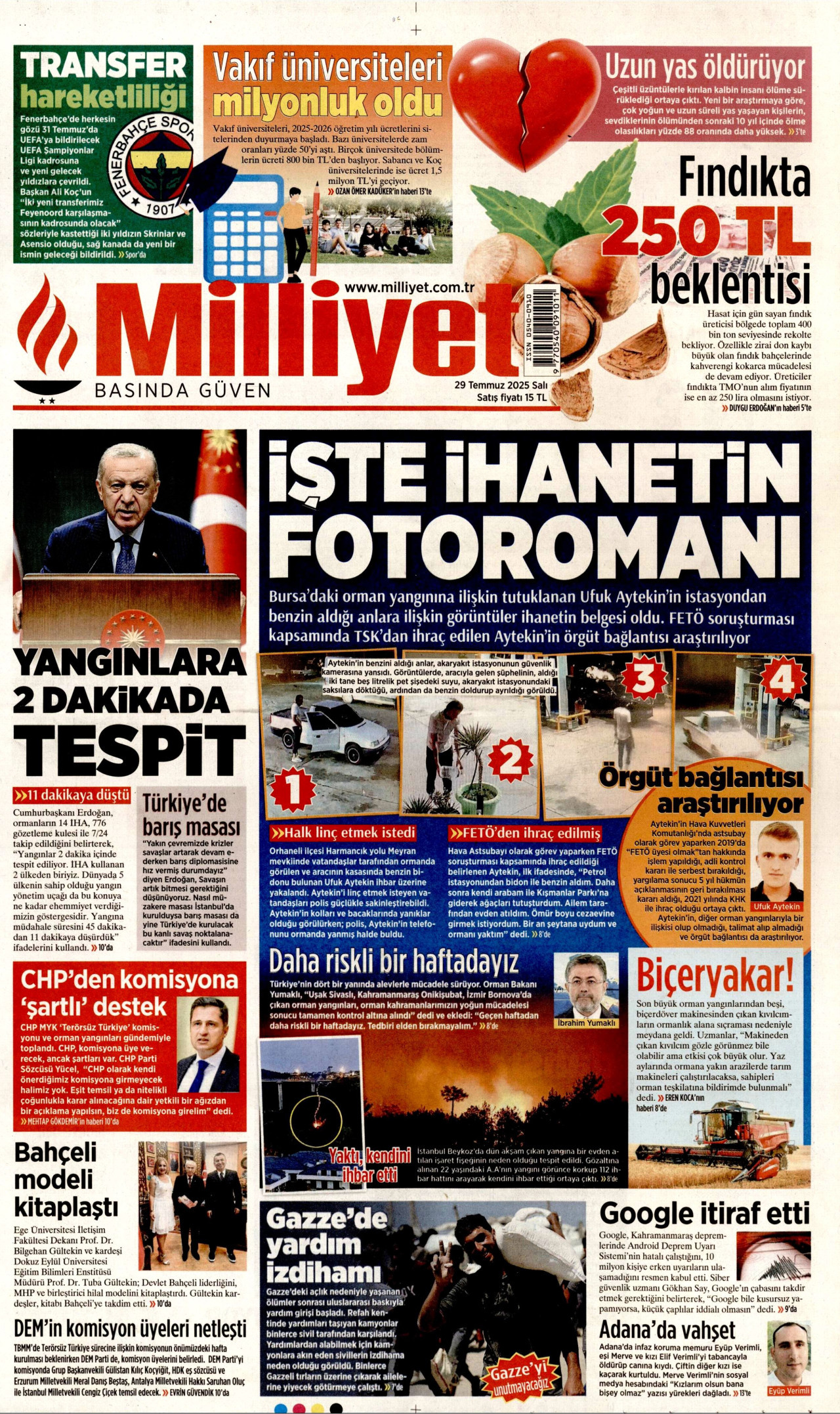 MİLLİYET gazetesinin 29 Temmuz 2025 tarihli birinci sayfası