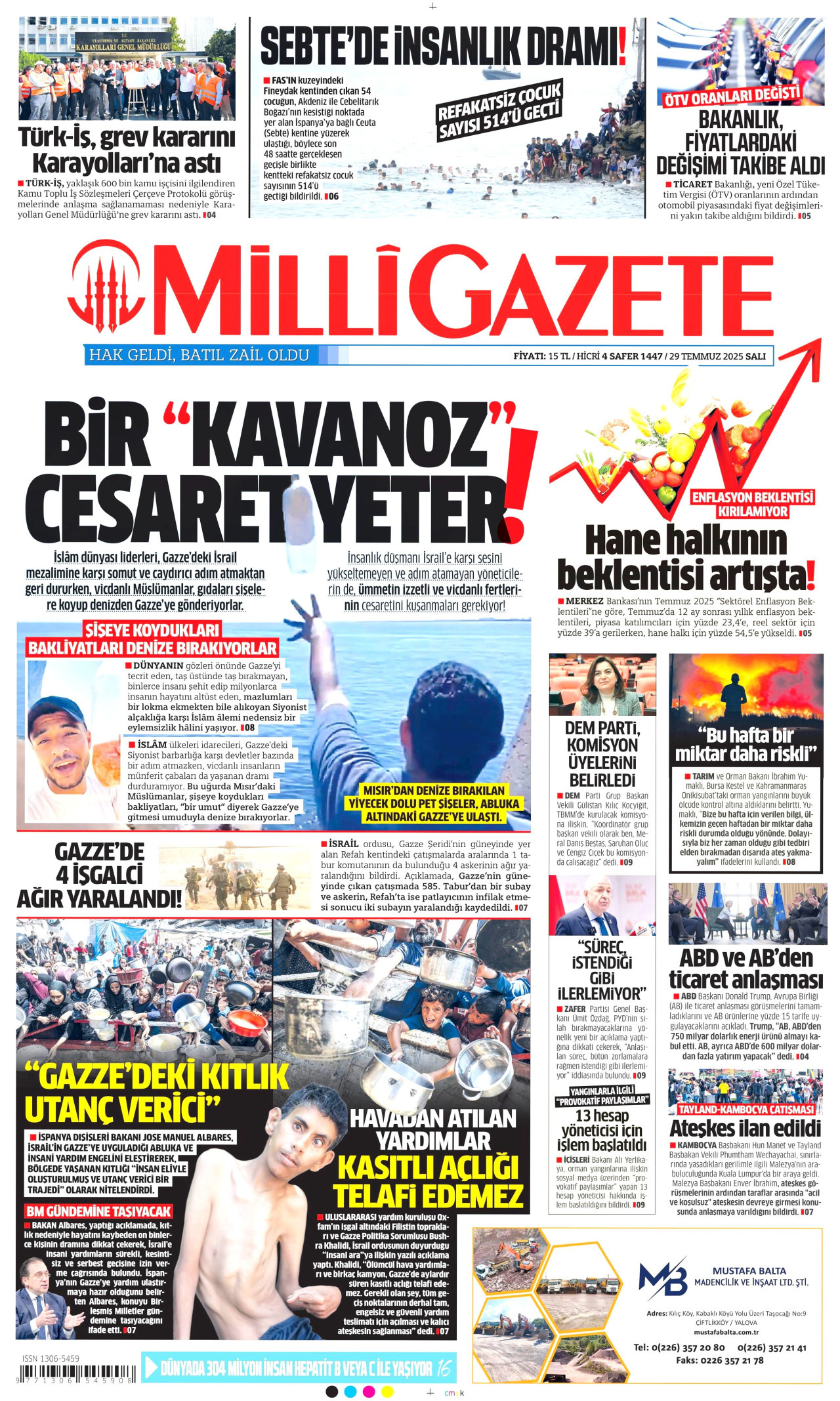 MİLLİ GAZETE gazetesinin 29 Temmuz 2025 tarihli birinci sayfası