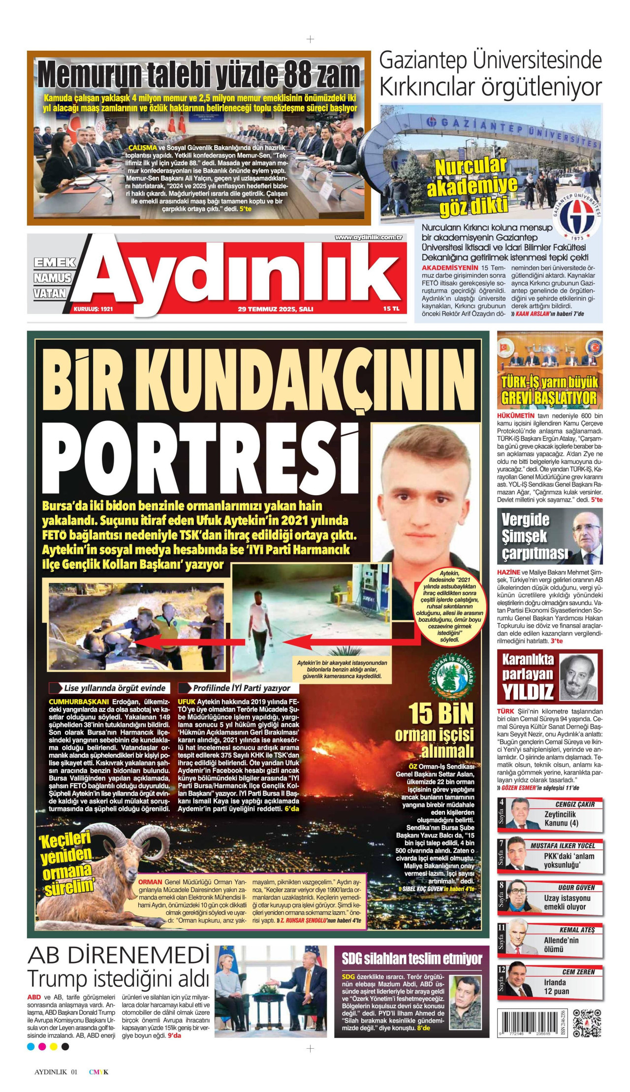 AYDINLIK GAZETESİ gazetesinin 29 Temmuz 2025 tarihli birinci sayfası