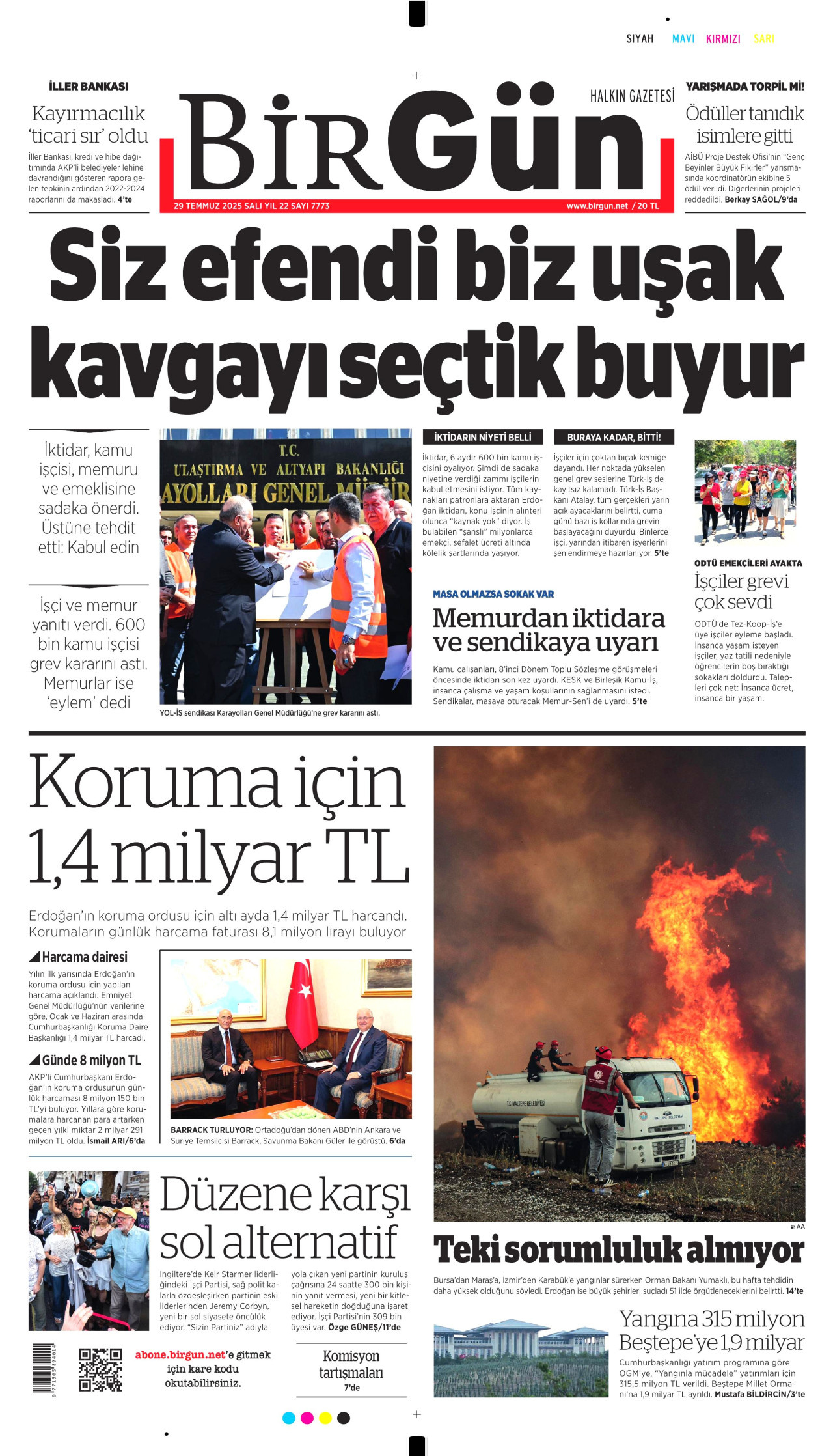 BİRGÜN gazetesinin 29 Temmuz 2025 tarihli birinci sayfası