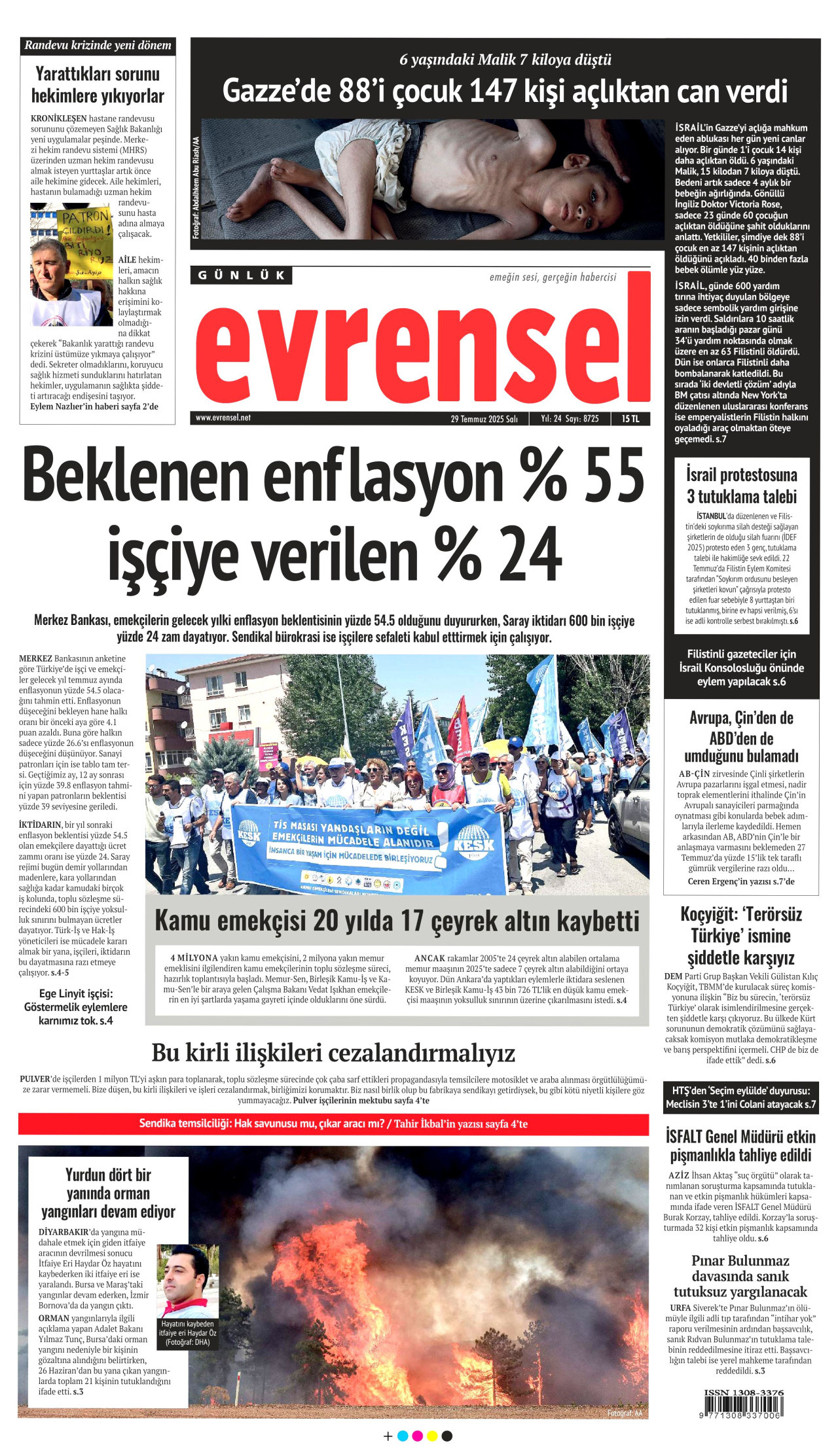 EVRENSEL gazetesinin 29 Temmuz 2025 tarihli birinci sayfası