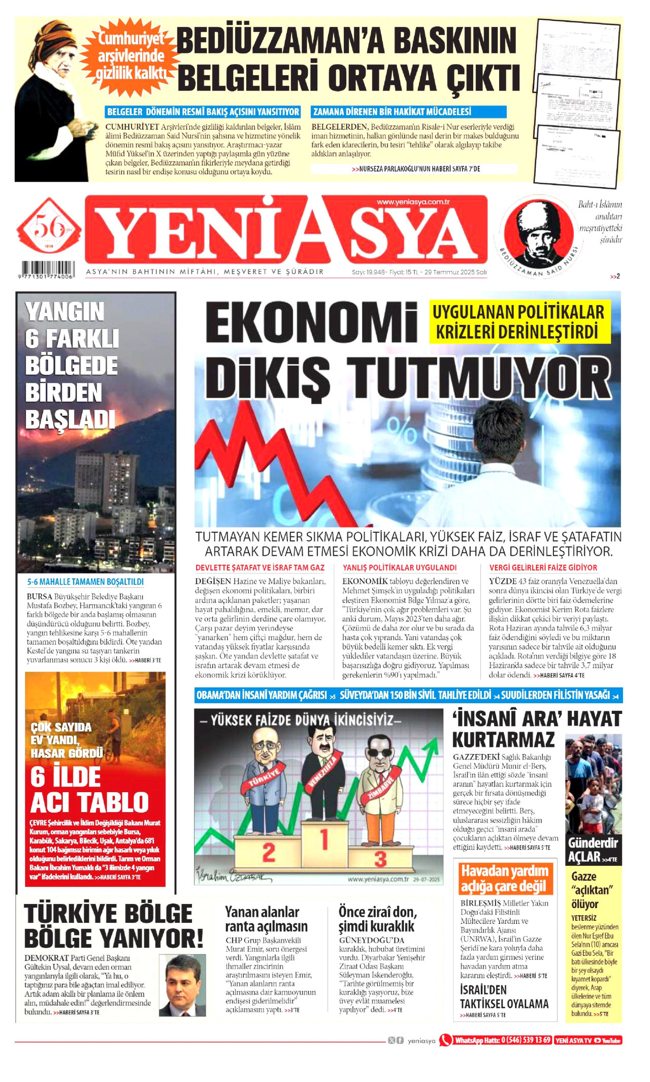 YENİ ASYA gazetesinin 29 Temmuz 2025 tarihli birinci sayfası