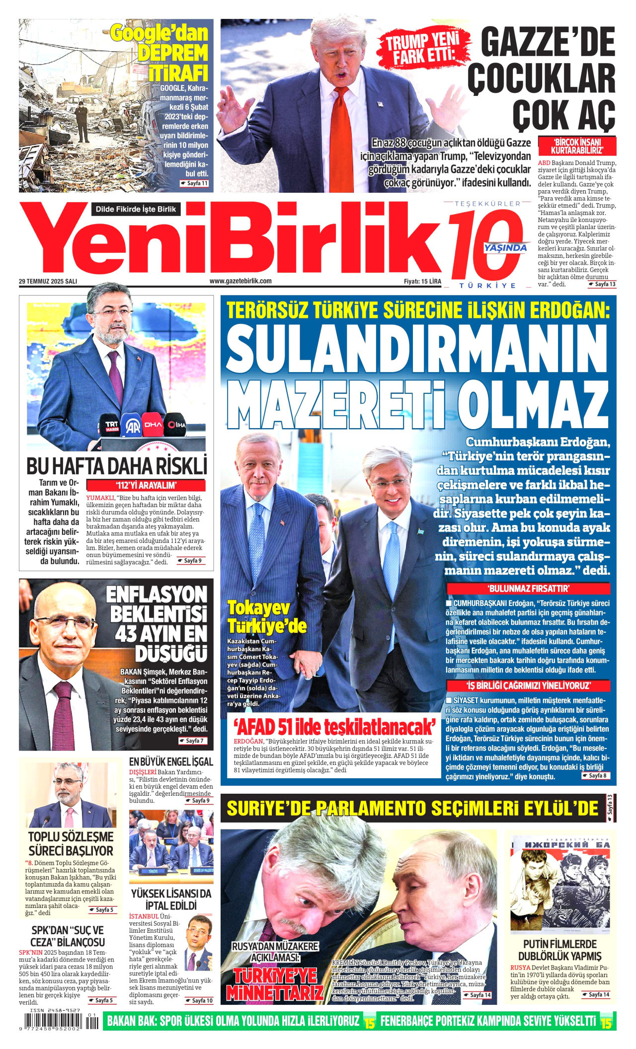 YENİBİRLİK gazetesinin 29 Temmuz 2025 tarihli birinci sayfası
