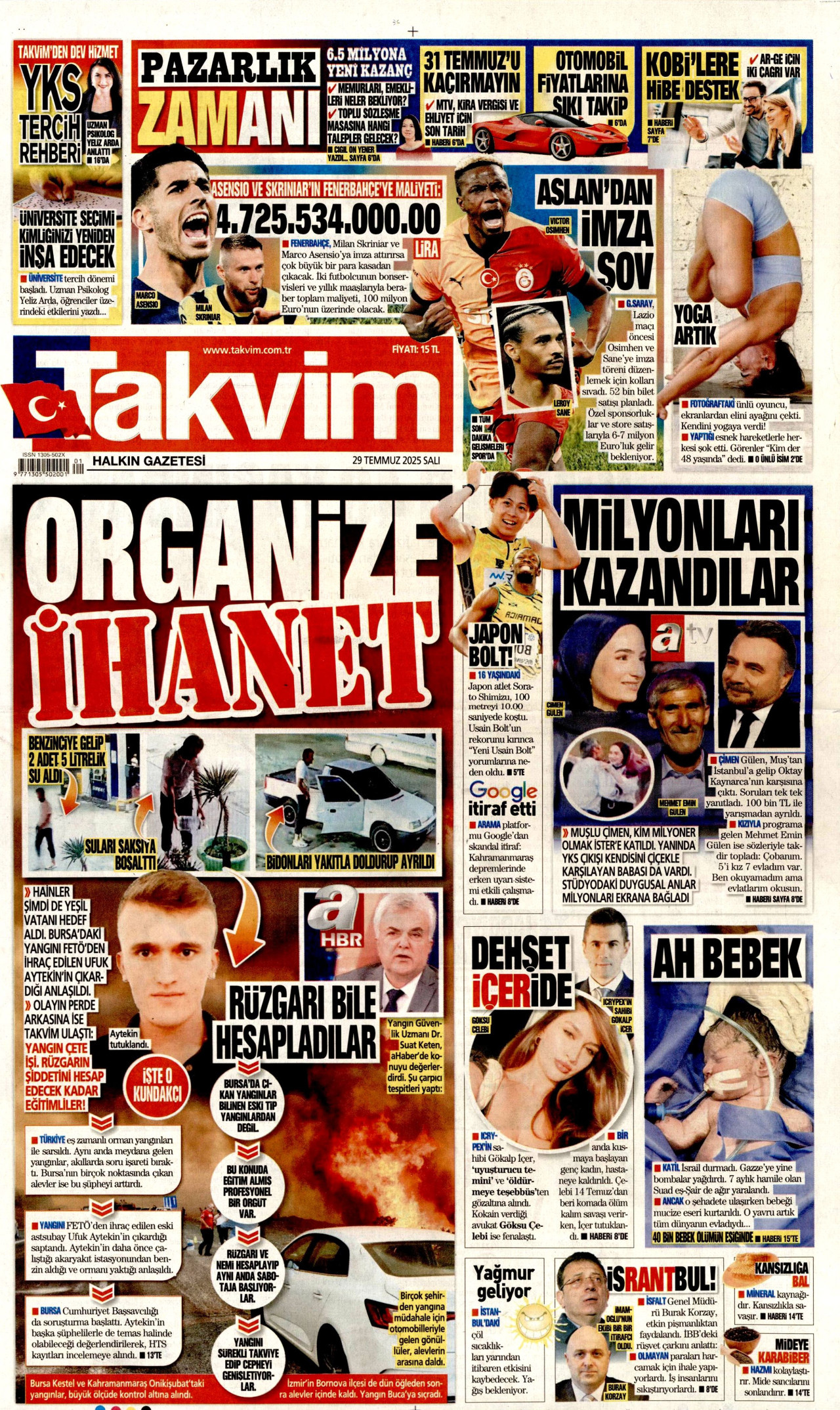 TAKVİM gazetesinin 29 Temmuz 2025 tarihli birinci sayfası
