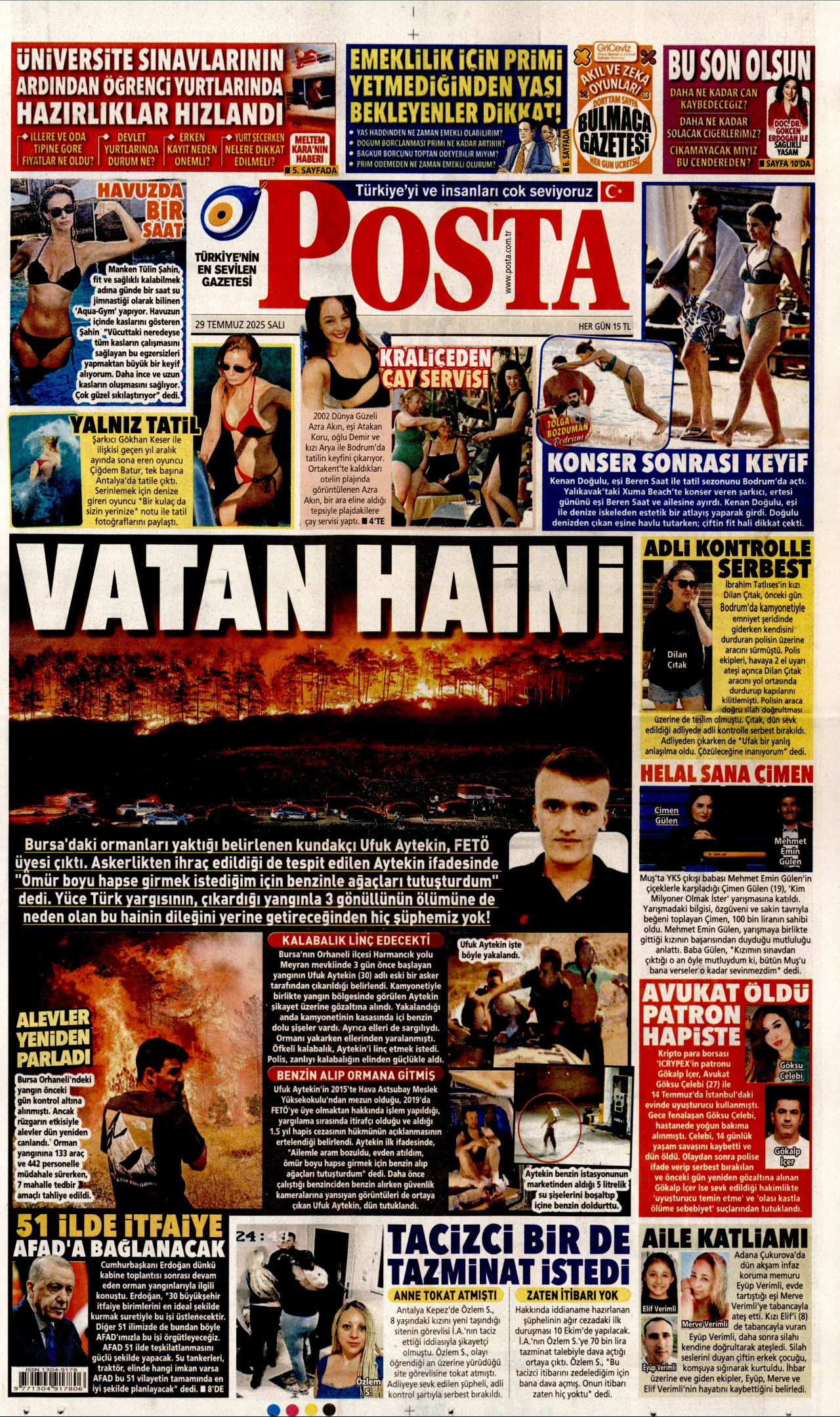 POSTA gazetesinin 29 Temmuz 2025 tarihli birinci sayfası