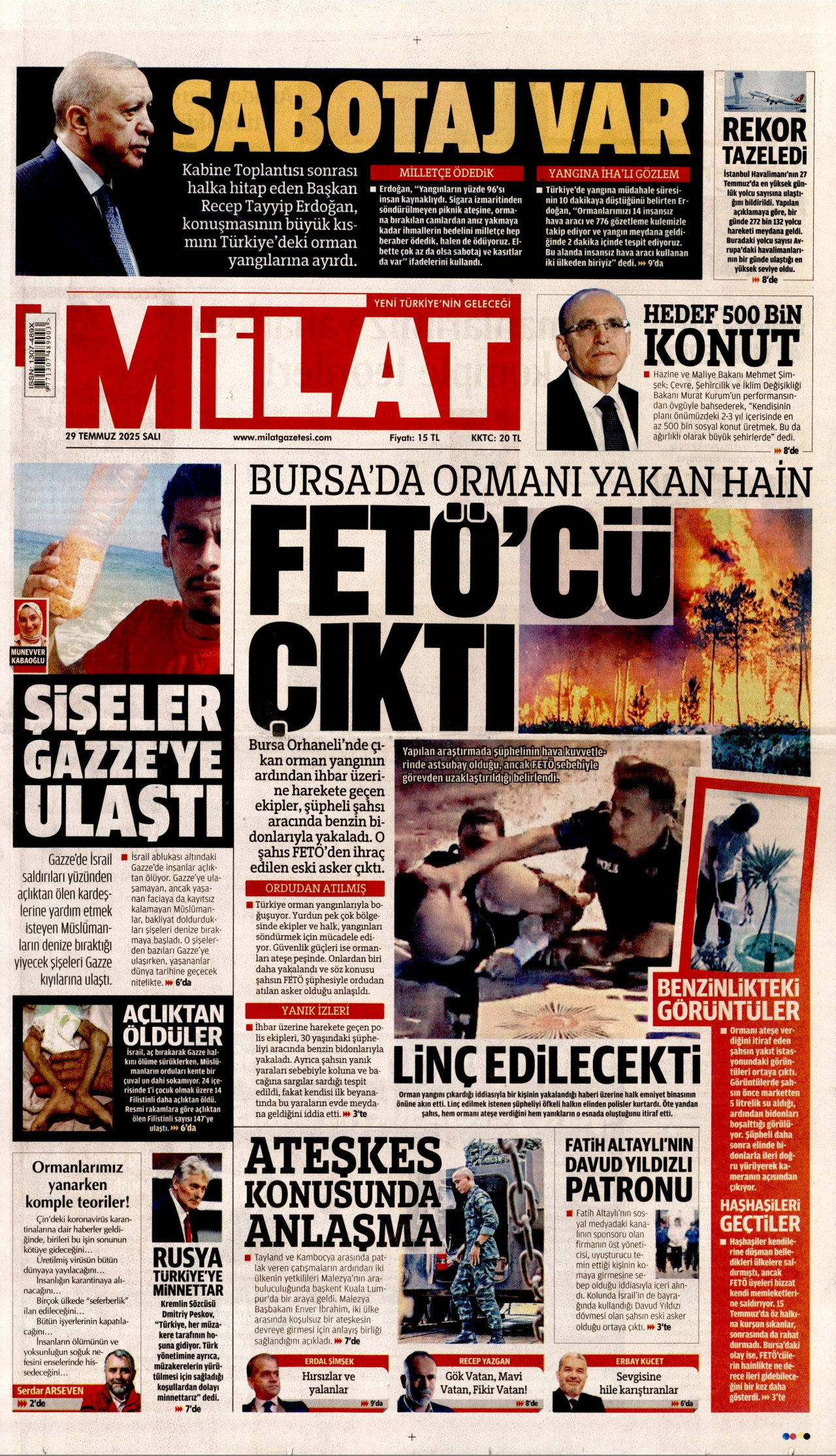 MİLAT gazetesinin 29 Temmuz 2025 tarihli birinci sayfası