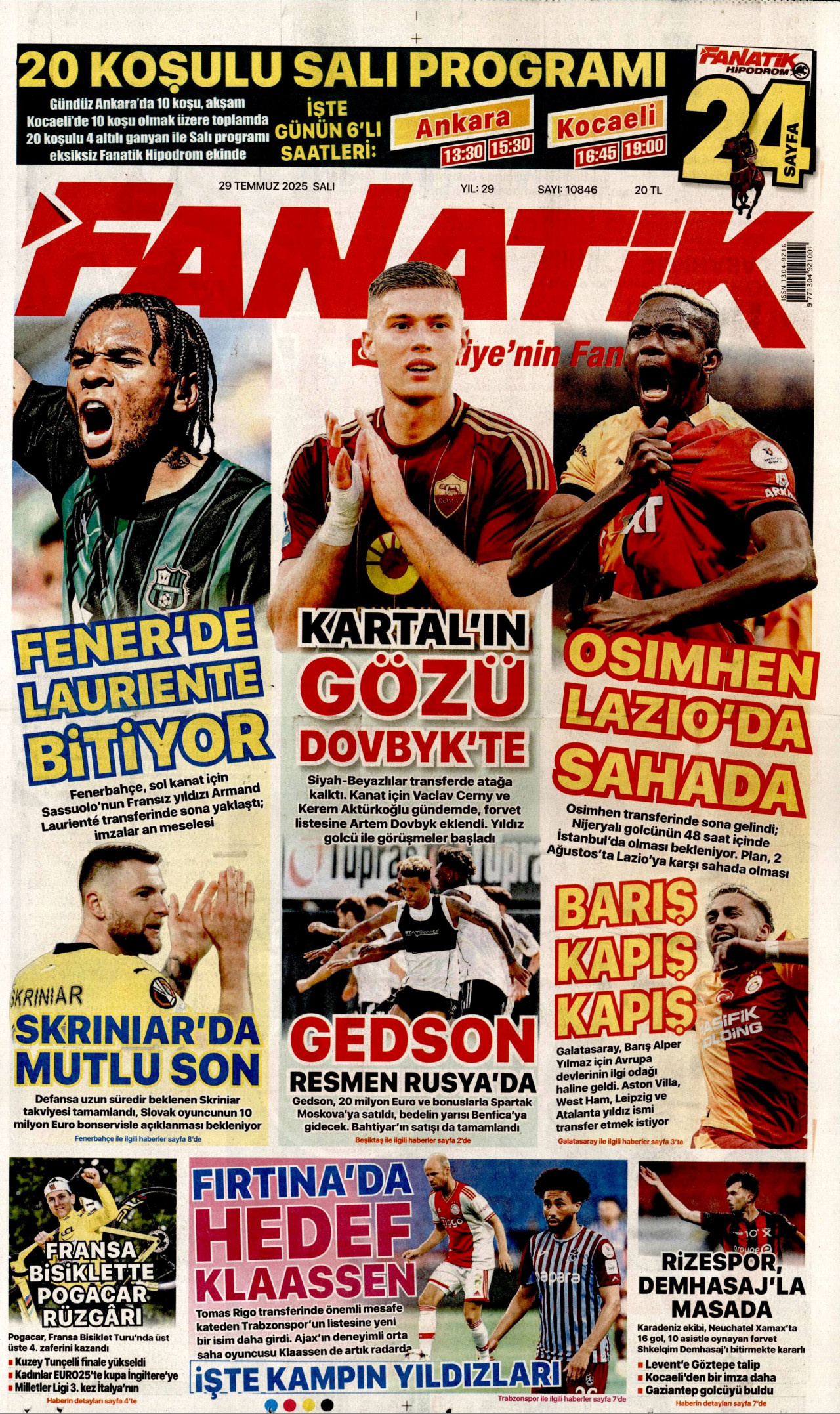 FANATİK gazetesinin 29 Temmuz 2025 tarihli birinci sayfası