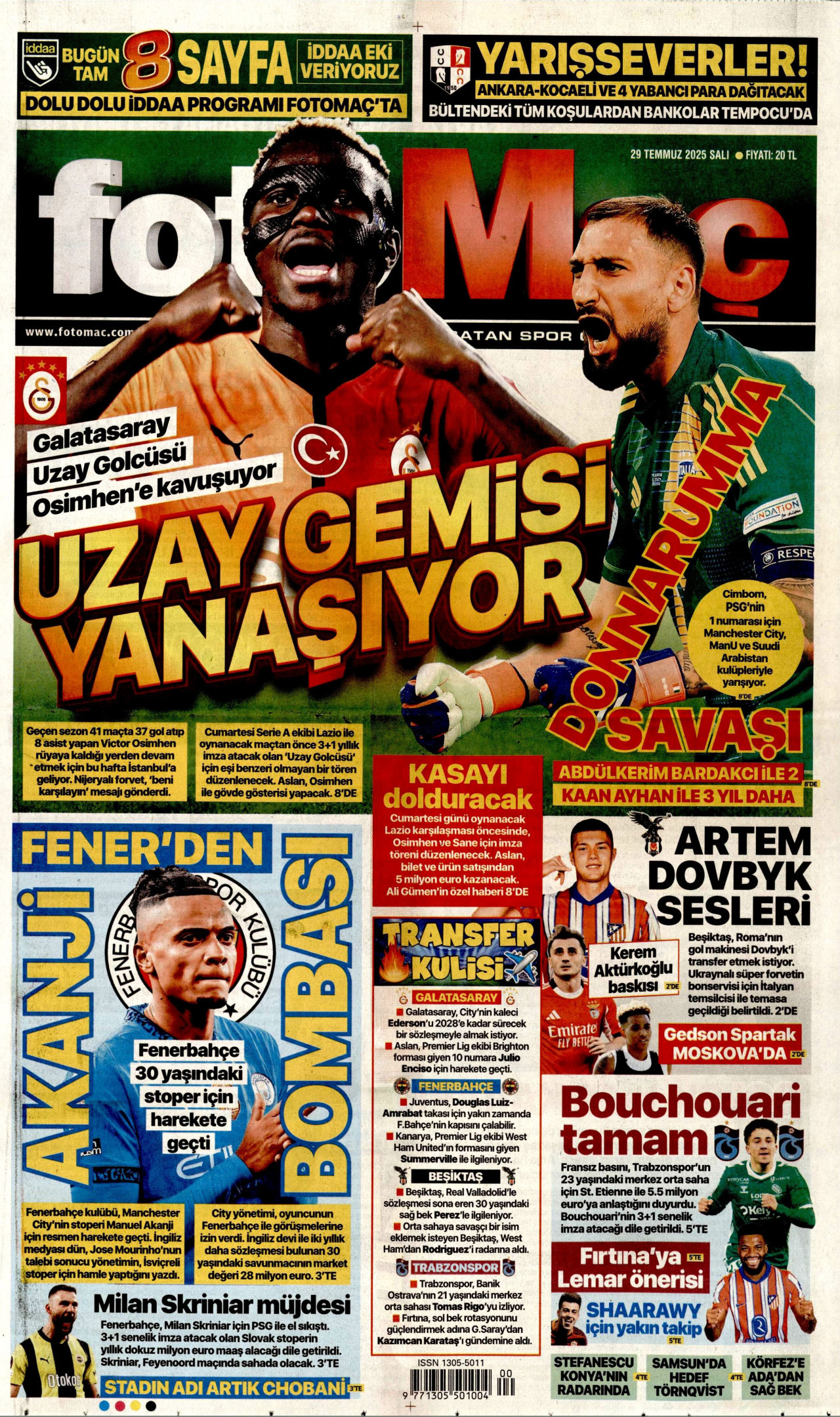FOTOMAÇ gazetesinin 29 Temmuz 2025 tarihli birinci sayfası