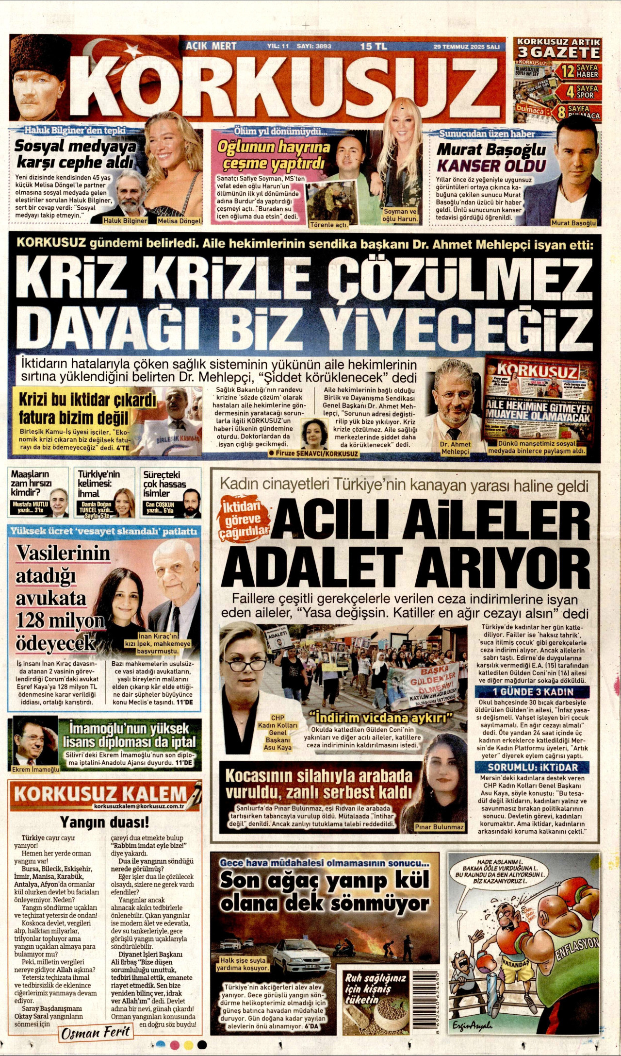 KORKUSUZ gazetesinin 29 Temmuz 2025 tarihli birinci sayfası