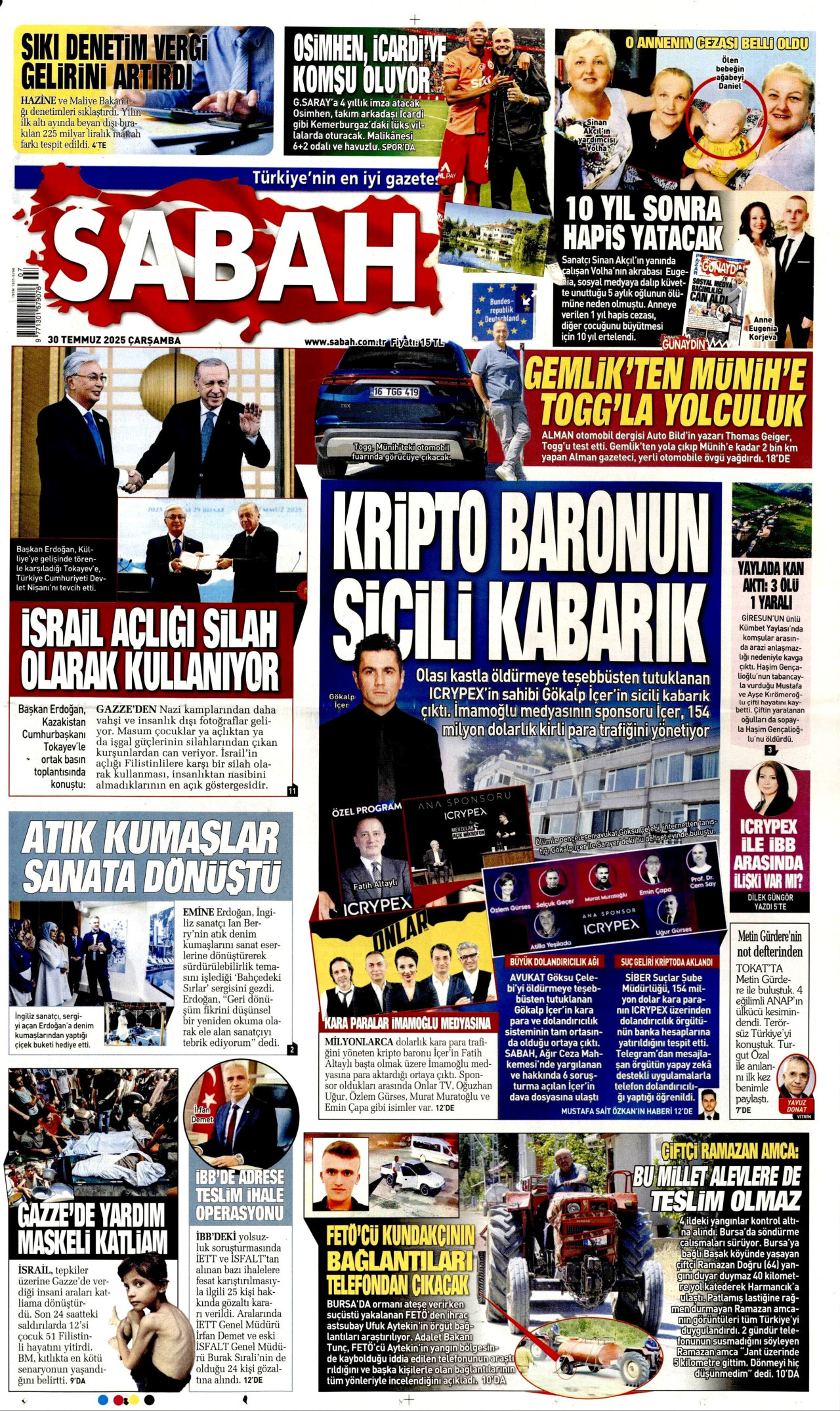 SABAH gazetesinin 30 Temmuz 2025 tarihli birinci sayfası
