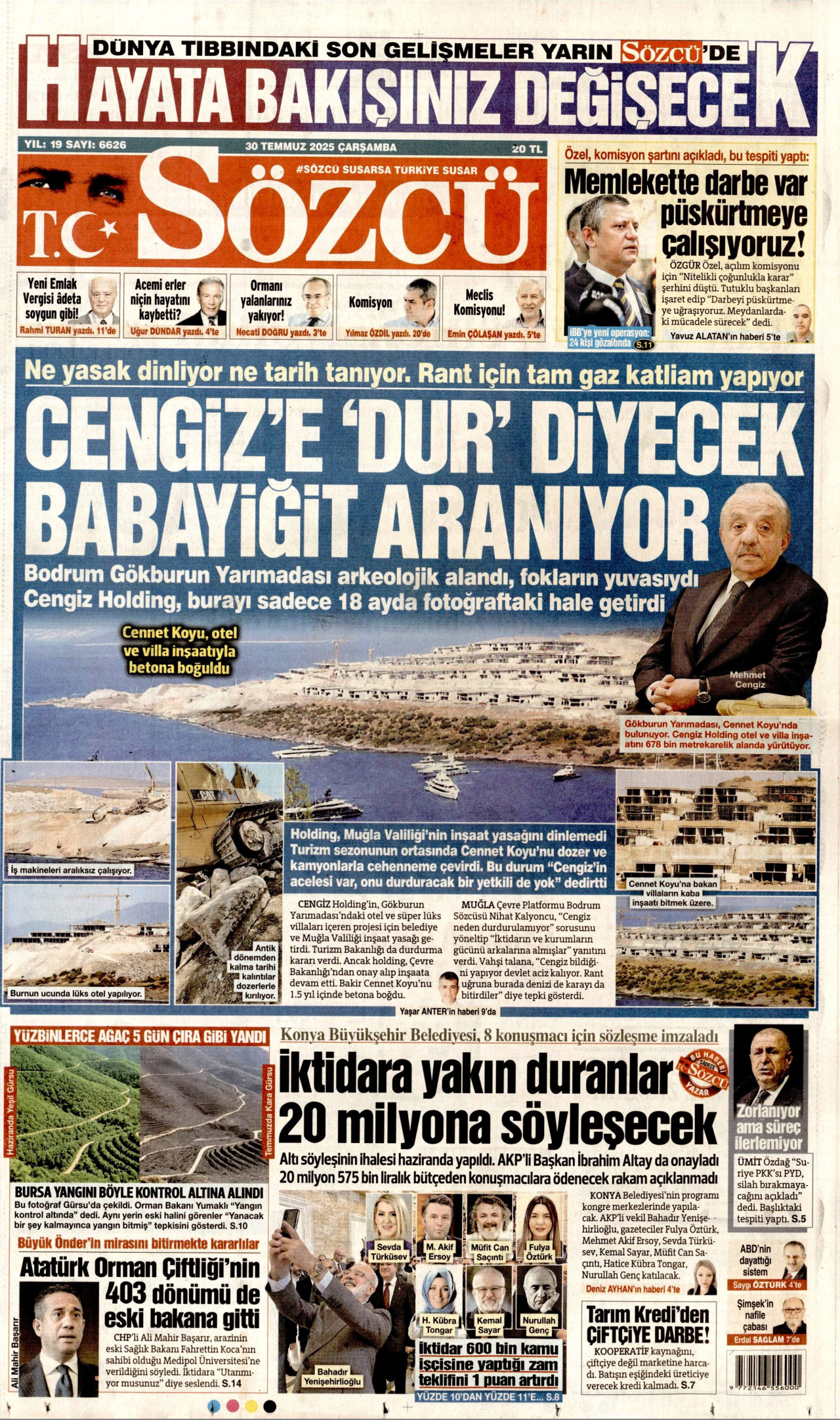 SÖZCÜ gazetesinin 30 Temmuz 2025 tarihli birinci sayfası