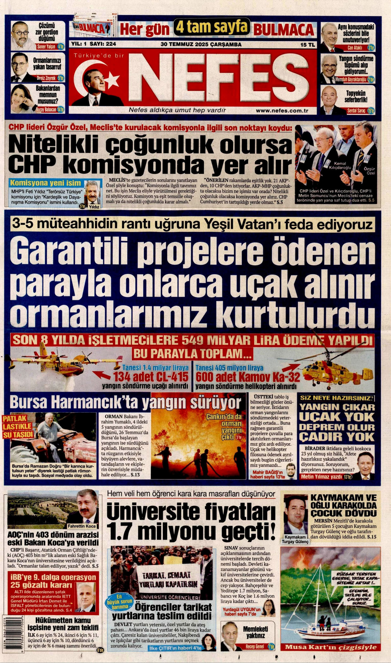 NEFES gazetesinin 30 Temmuz 2025 tarihli birinci sayfası