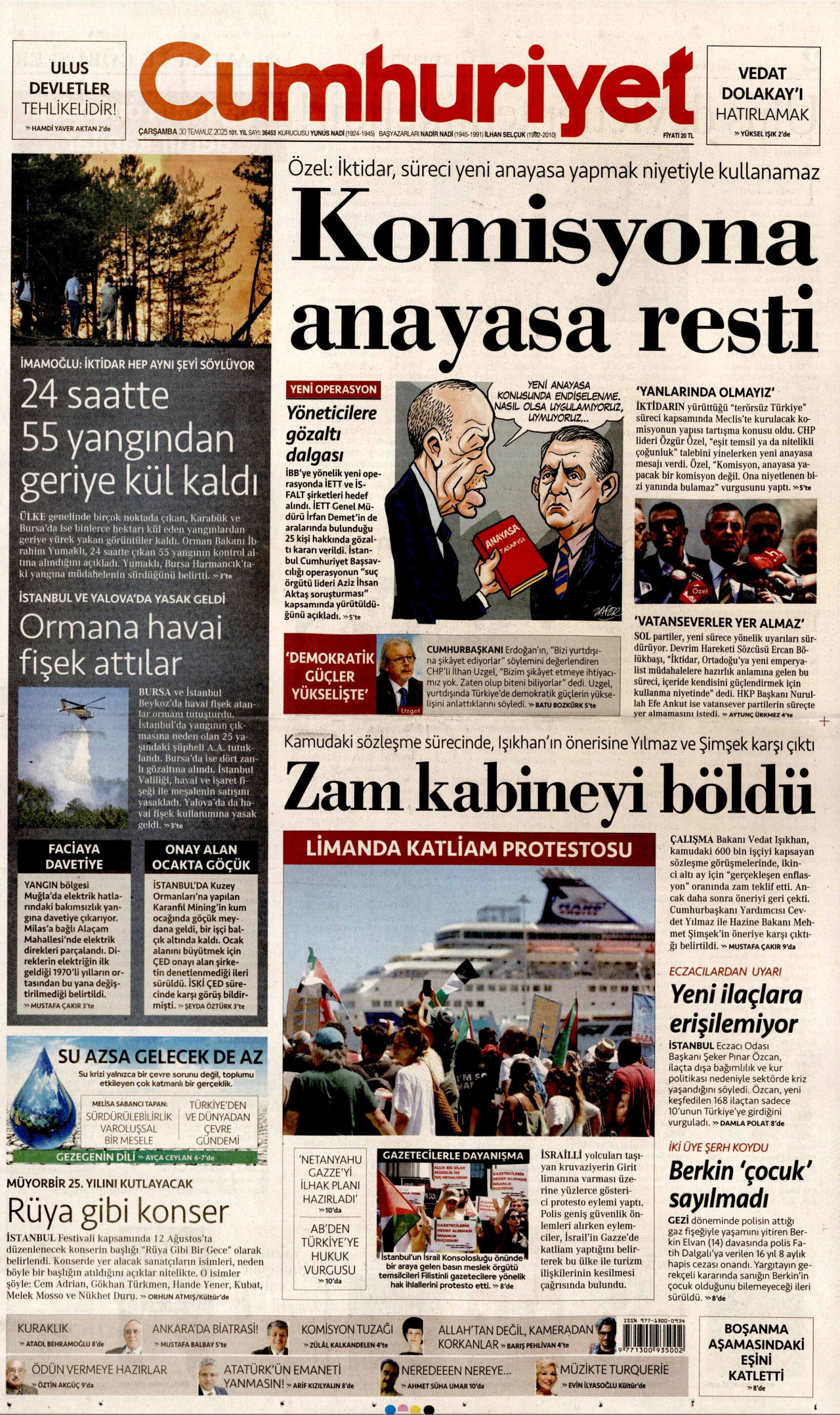 CUMHURİYET gazetesinin 30 Temmuz 2025 tarihli birinci sayfası