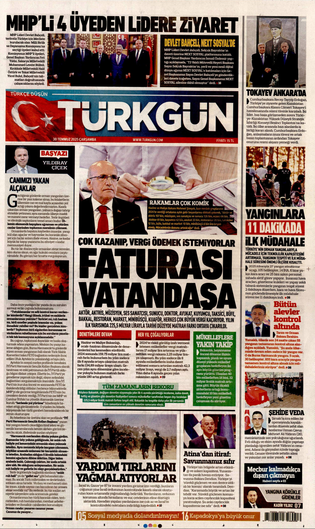 TÜRKGÜN gazetesinin 30 Temmuz 2025 tarihli birinci sayfası