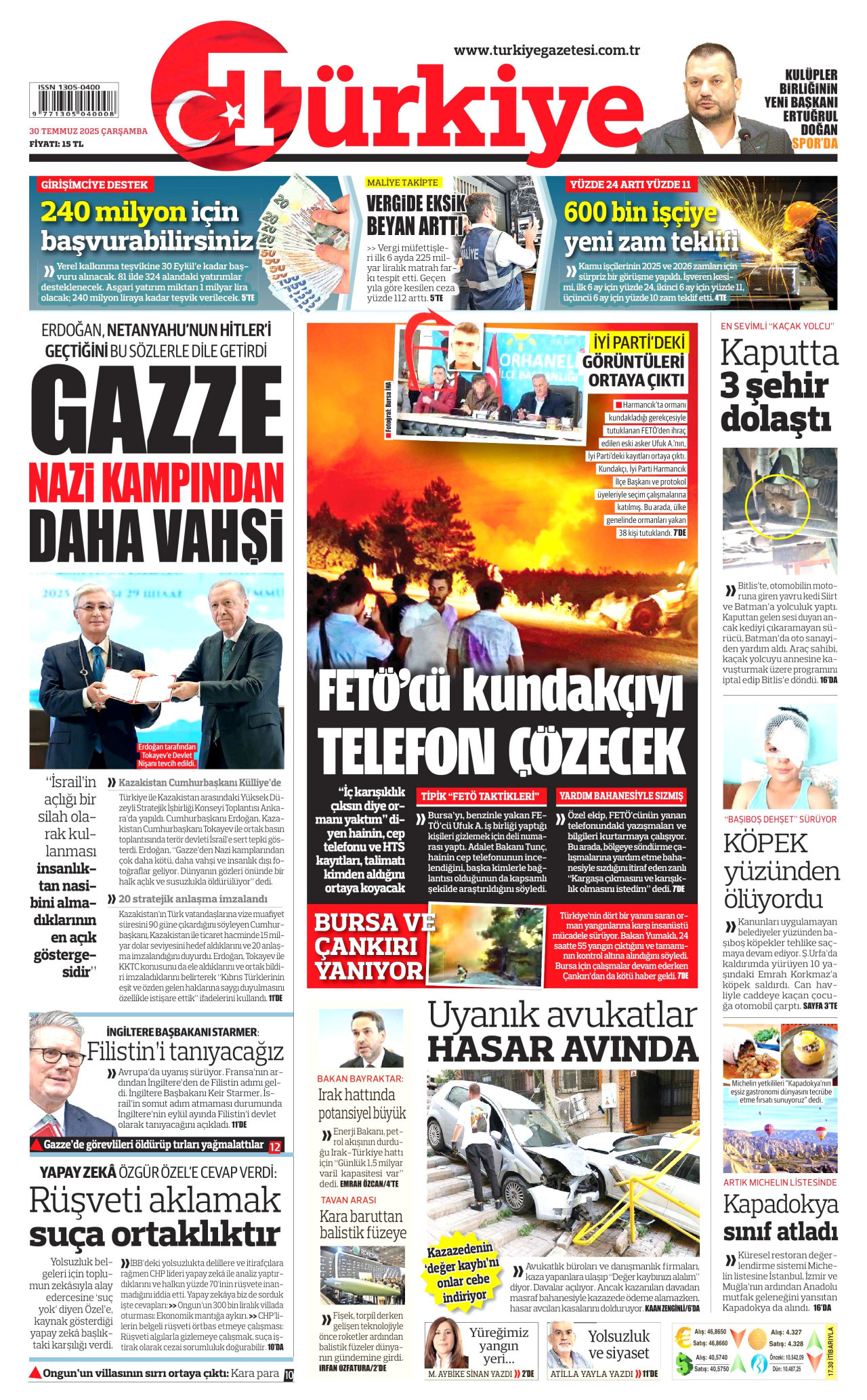 TÜRKİYE GAZETESİ gazetesinin 30 Temmuz 2025 tarihli birinci sayfası