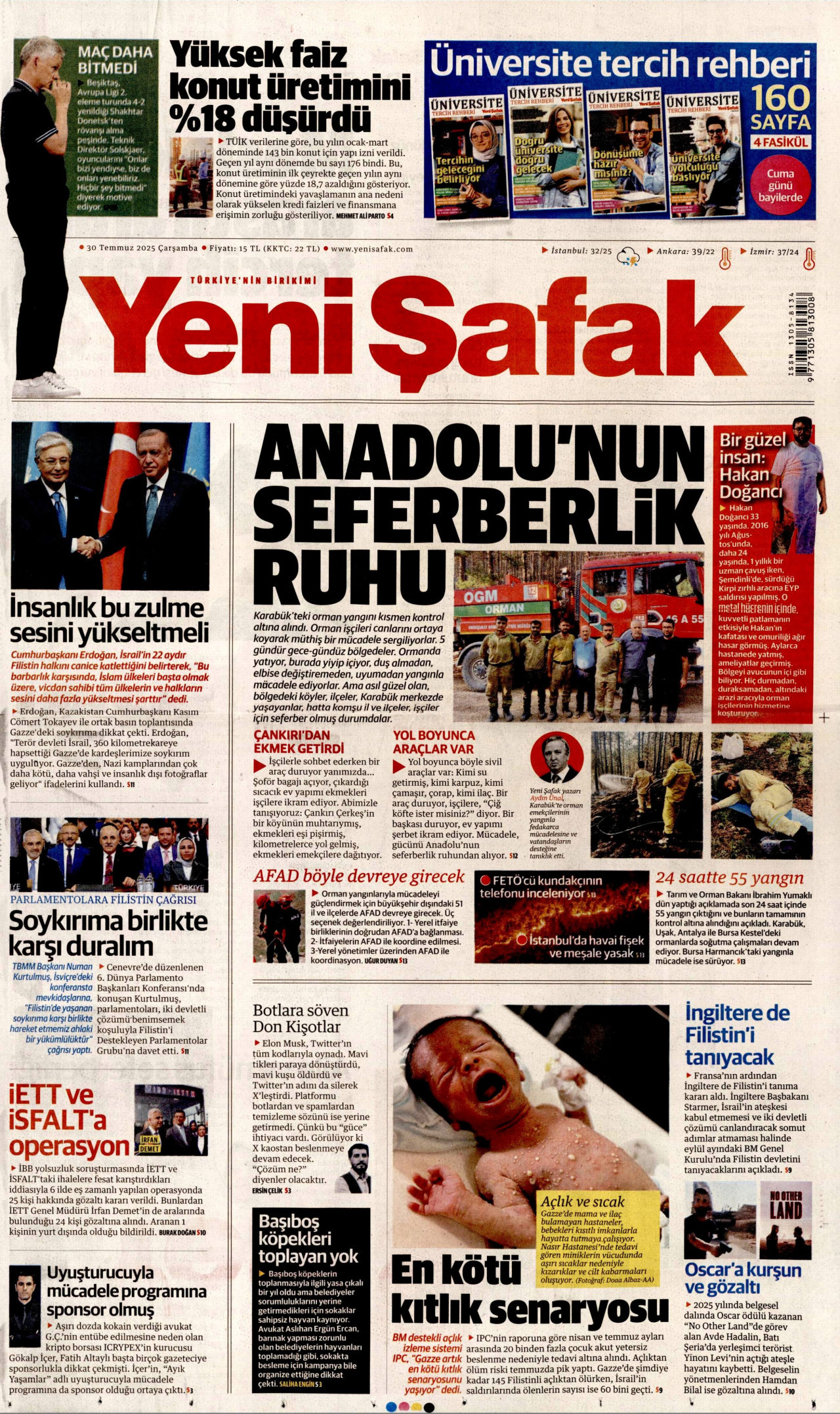 YENİ ŞAFAK gazetesinin 30 Temmuz 2025 tarihli birinci sayfası