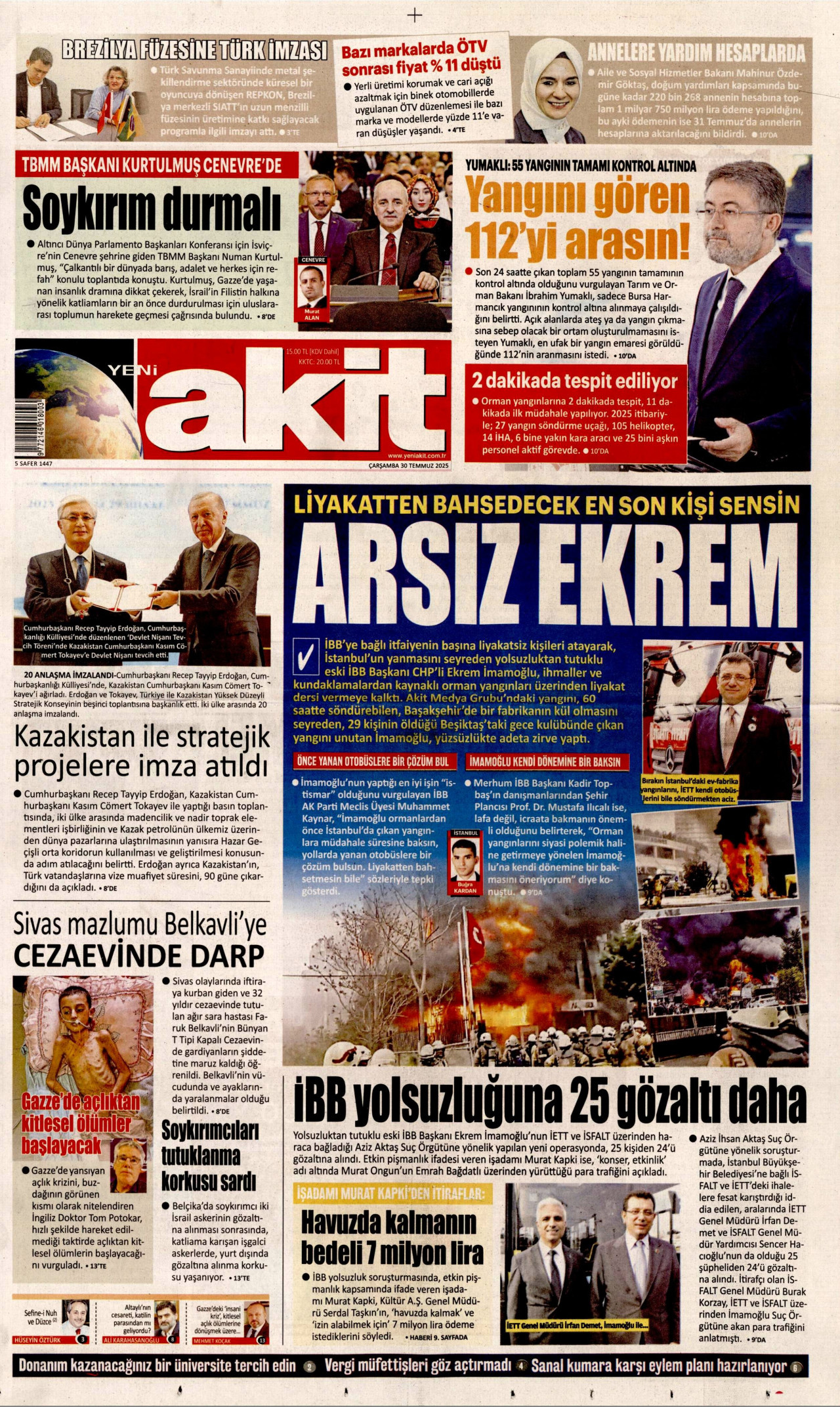 YENİ AKİT gazetesinin 30 Temmuz 2025 tarihli birinci sayfası