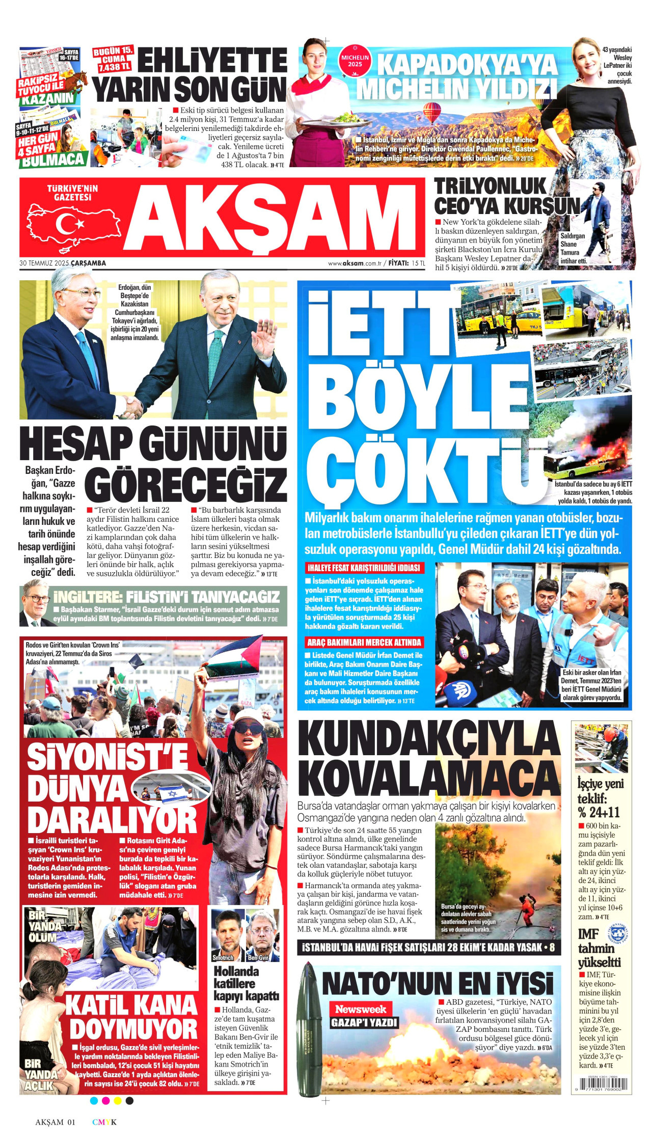 AKŞAM gazetesinin 30 Temmuz 2025 tarihli birinci sayfası