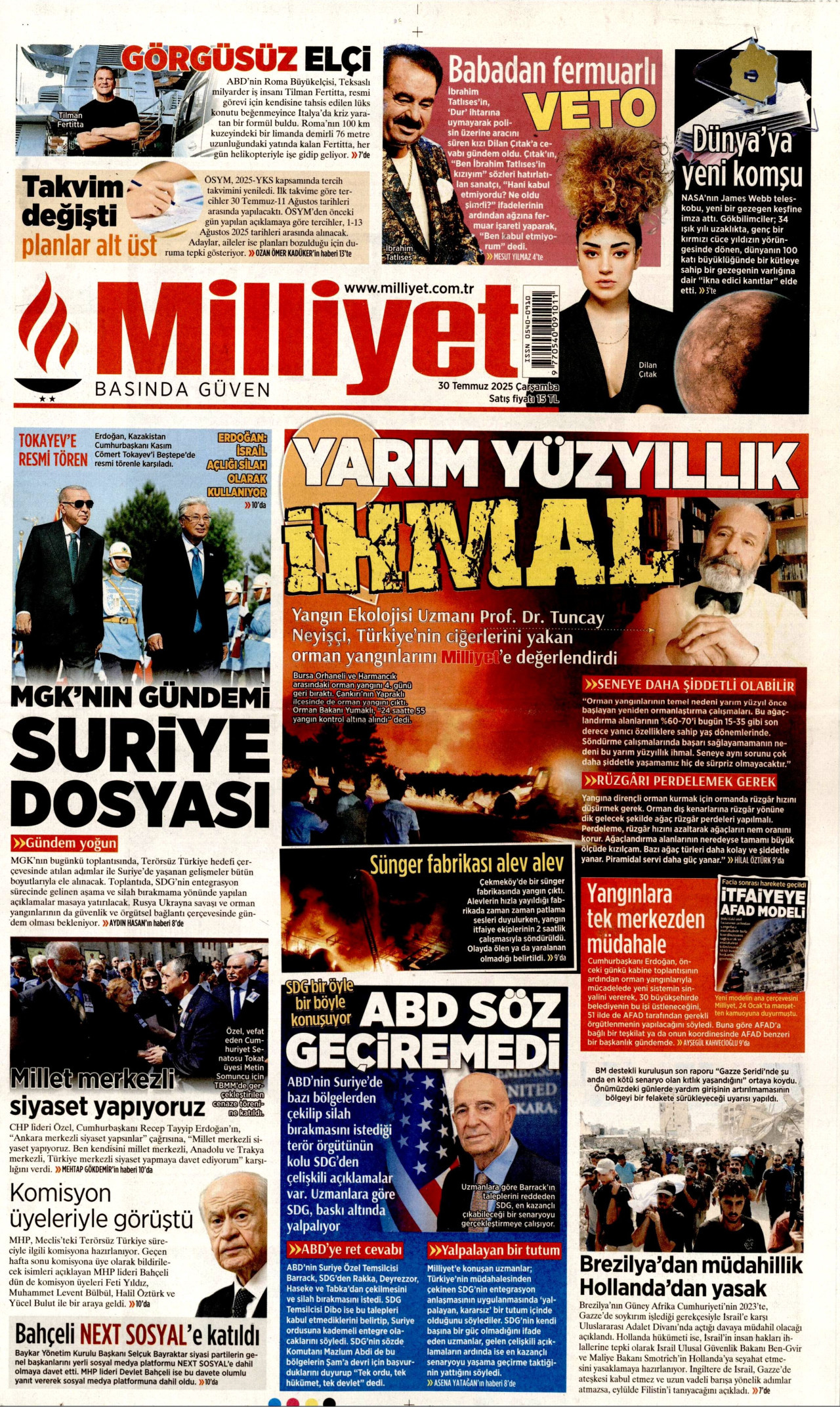 MİLLİYET gazetesinin 30 Temmuz 2025 tarihli birinci sayfası