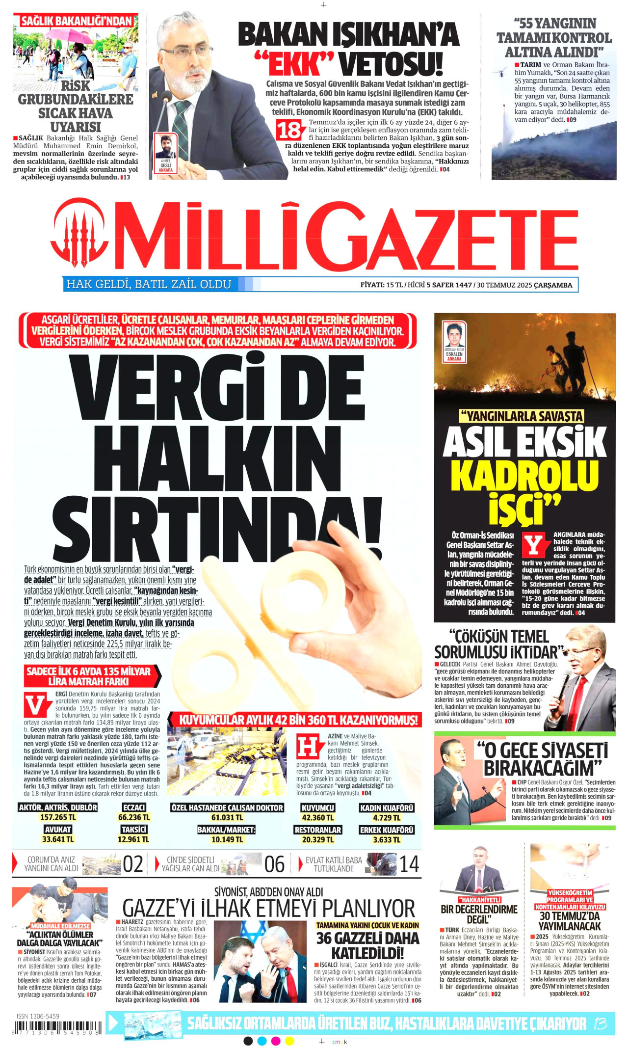 MİLLİ GAZETE gazetesinin 30 Temmuz 2025 tarihli birinci sayfası