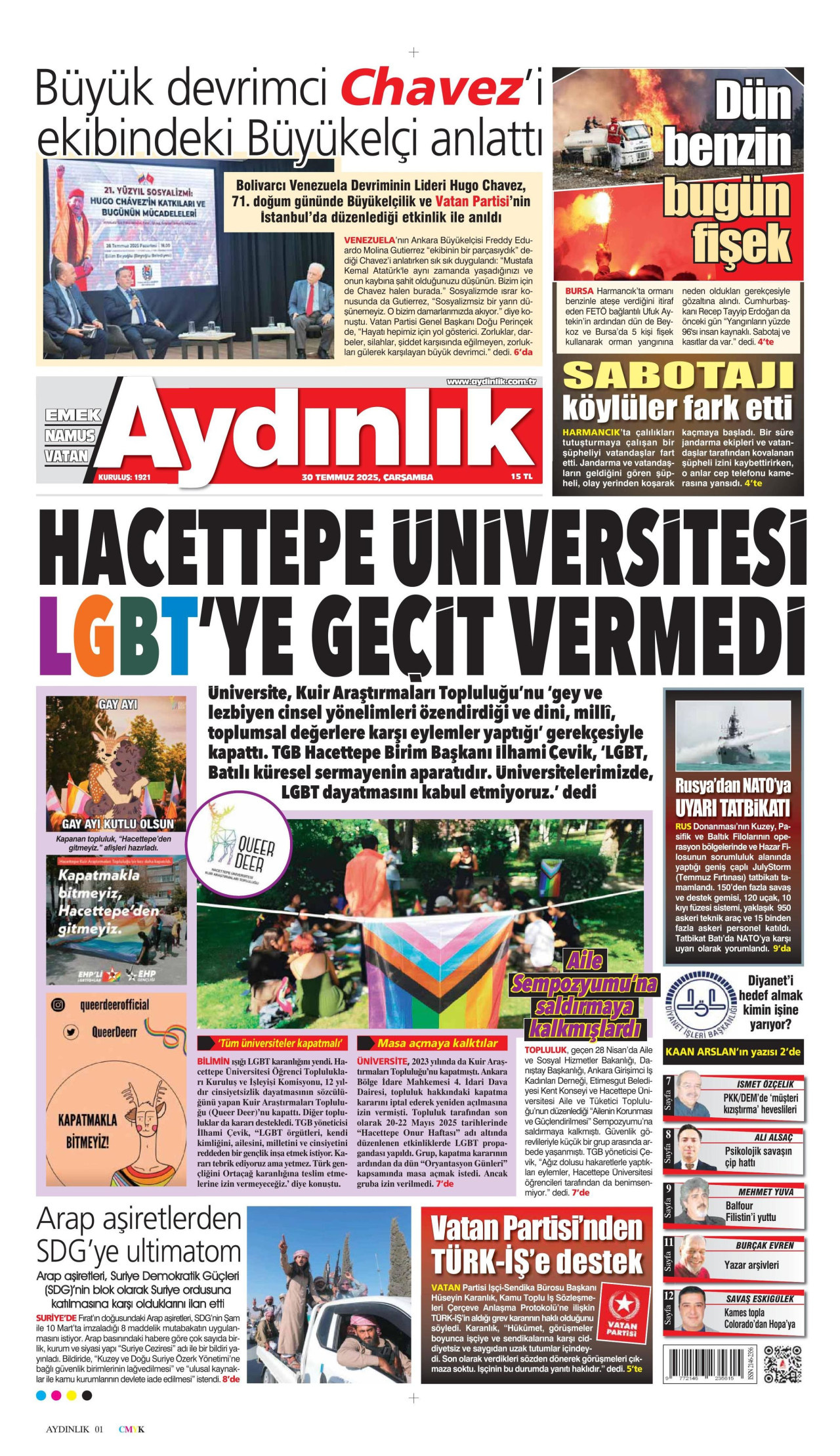 AYDINLIK GAZETESİ gazetesinin 30 Temmuz 2025 tarihli birinci sayfası