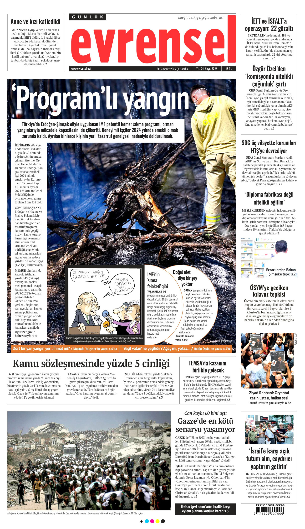 EVRENSEL gazetesinin 30 Temmuz 2025 tarihli birinci sayfası