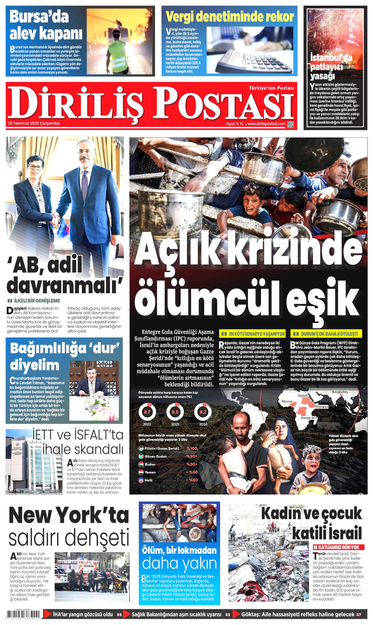 DİRİLİŞ POSTASI gazetesinin 30 Temmuz 2025 tarihli birinci sayfası
