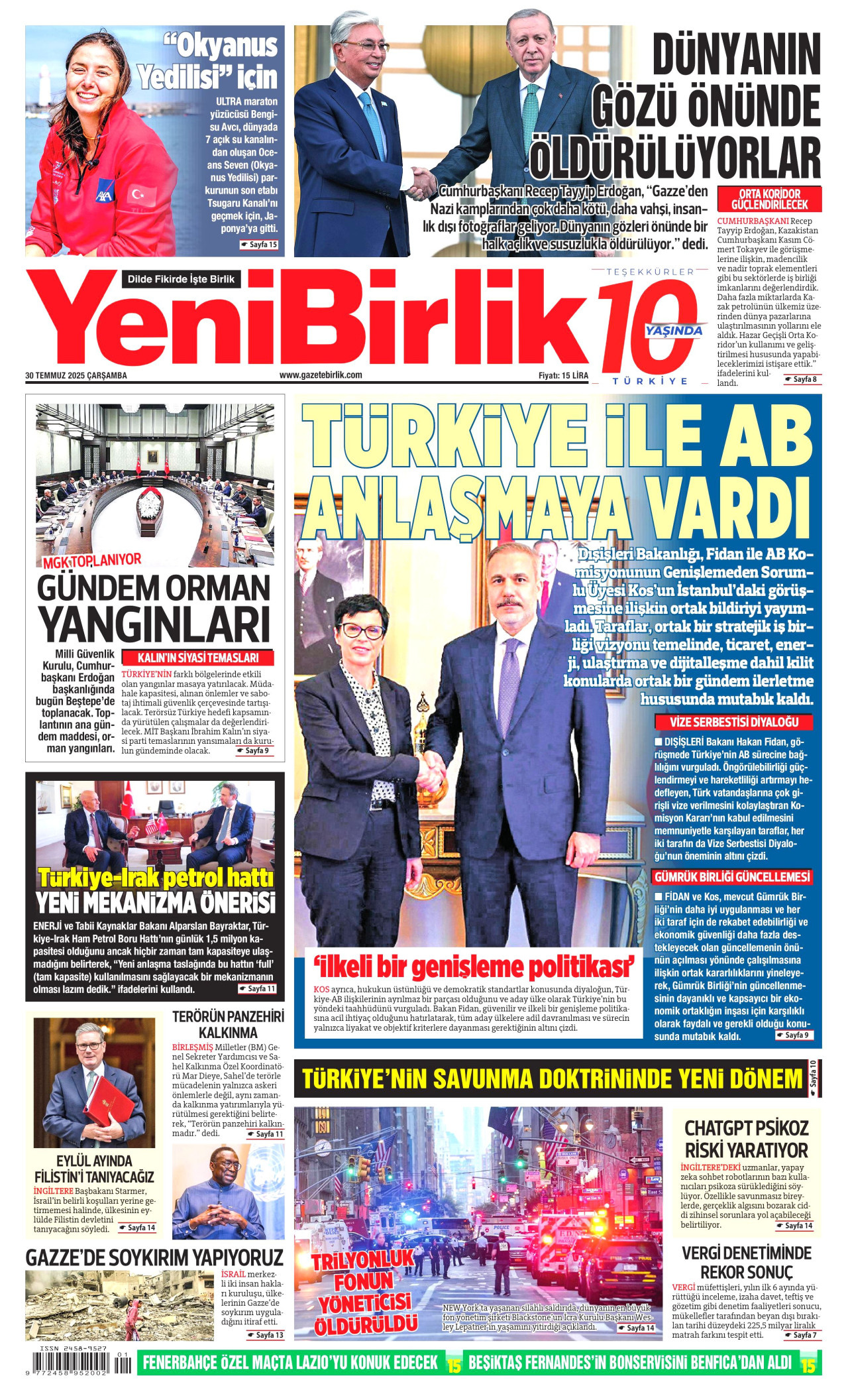 YENİBİRLİK gazetesinin 30 Temmuz 2025 tarihli birinci sayfası