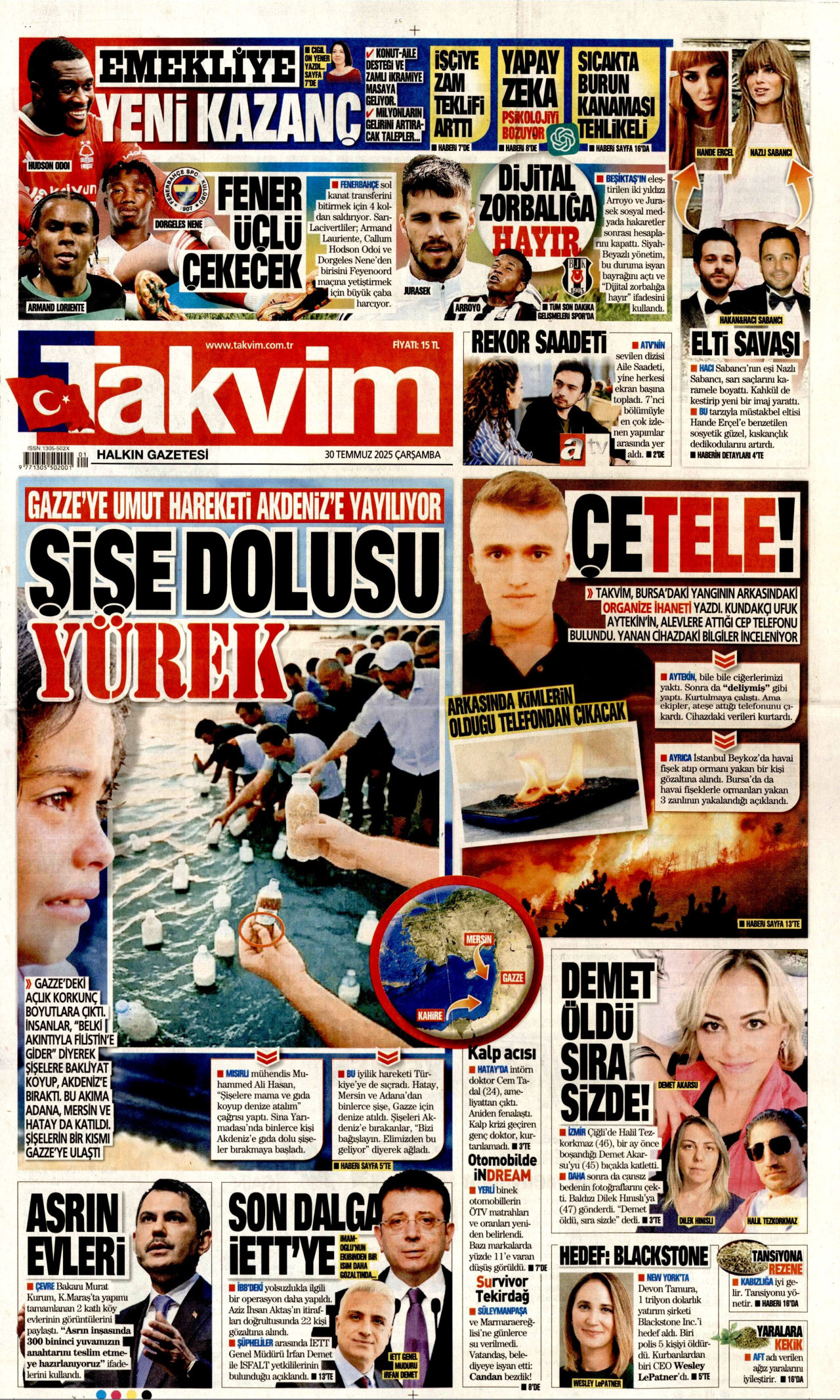 TAKVİM gazetesinin 30 Temmuz 2025 tarihli birinci sayfası