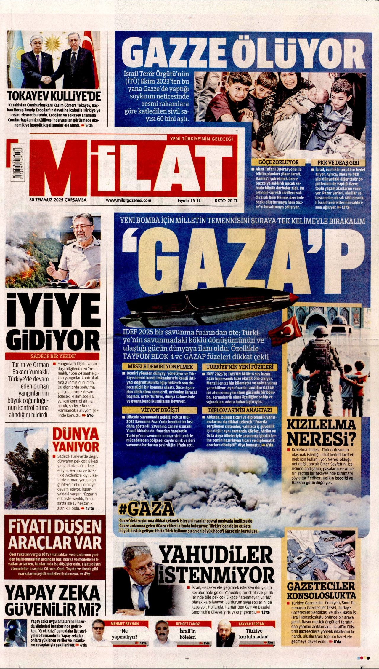 MİLAT gazetesinin 30 Temmuz 2025 tarihli birinci sayfası