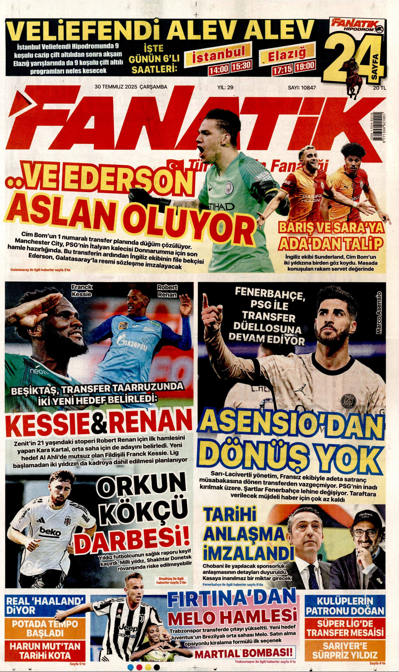 FANATİK gazetesinin 30 Temmuz 2025 tarihli birinci sayfası