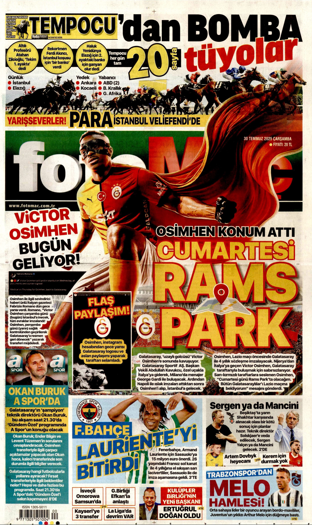 FOTOMAÇ gazetesinin 30 Temmuz 2025 tarihli birinci sayfası