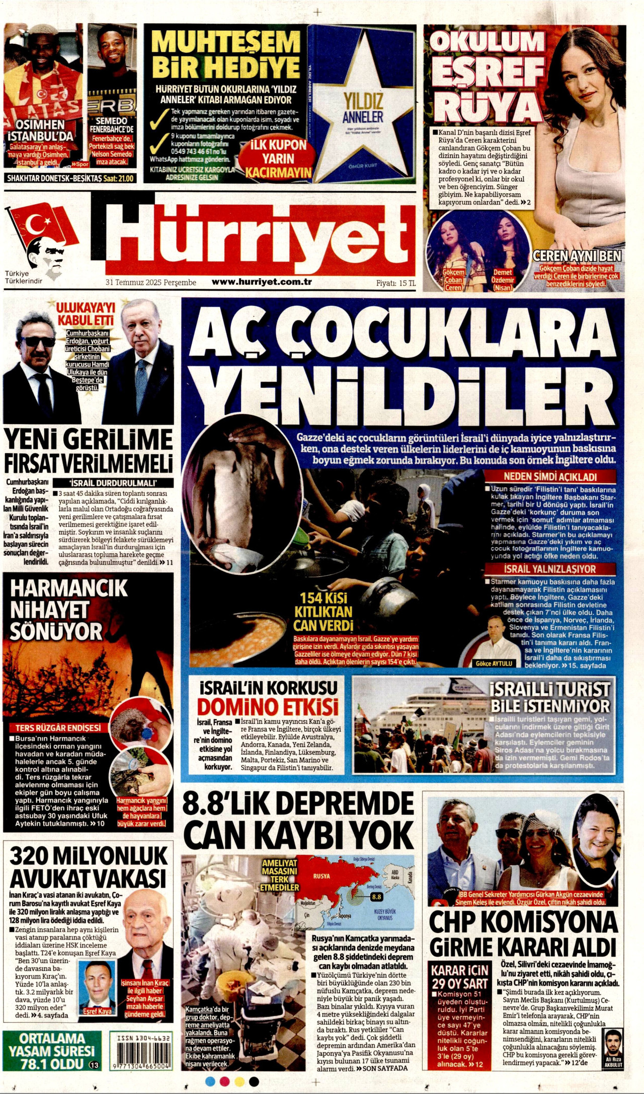 HÜRRİYET gazetesinin 31 Temmuz 2025 tarihli birinci sayfası