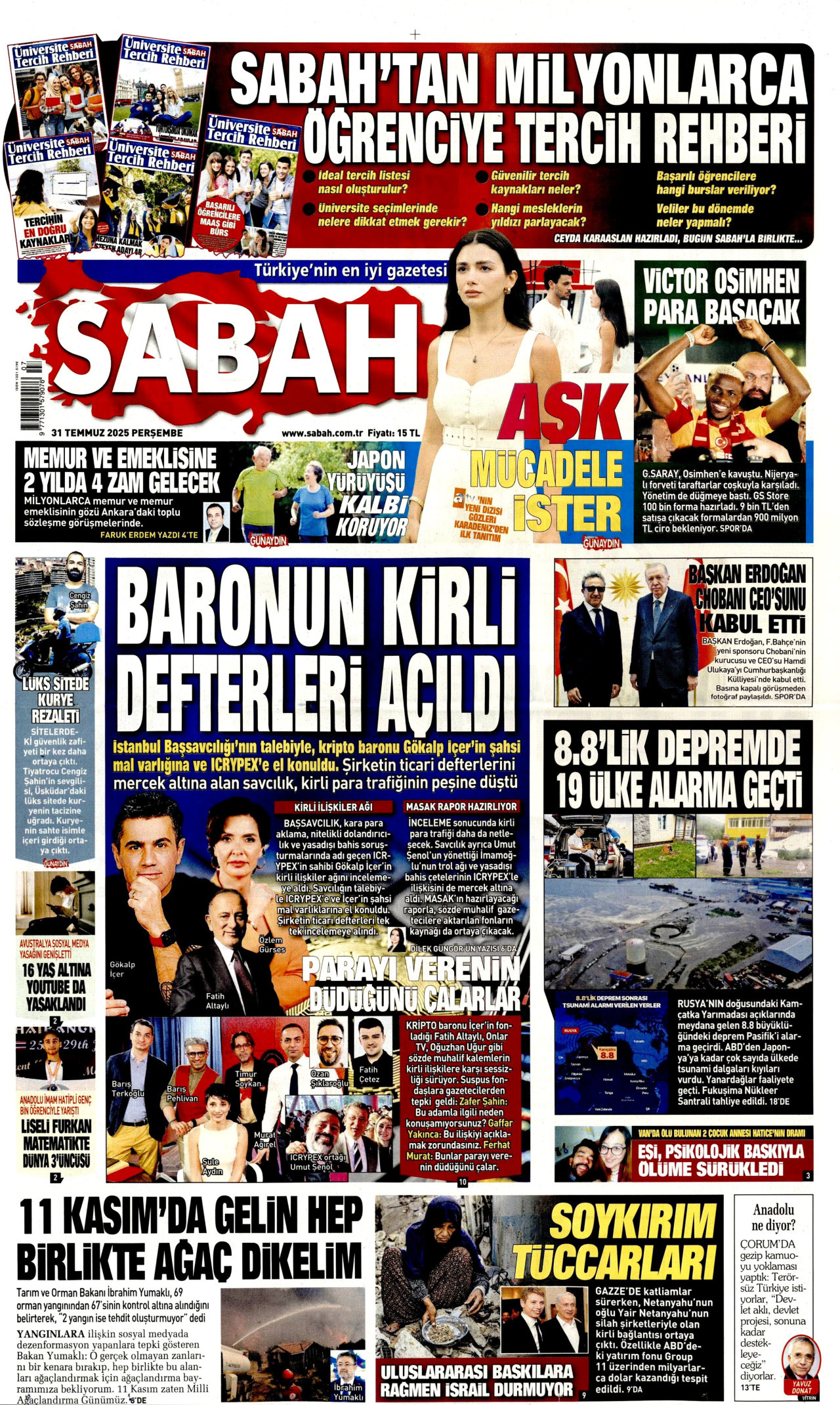 SABAH gazetesinin 31 Temmuz 2025 tarihli birinci sayfası