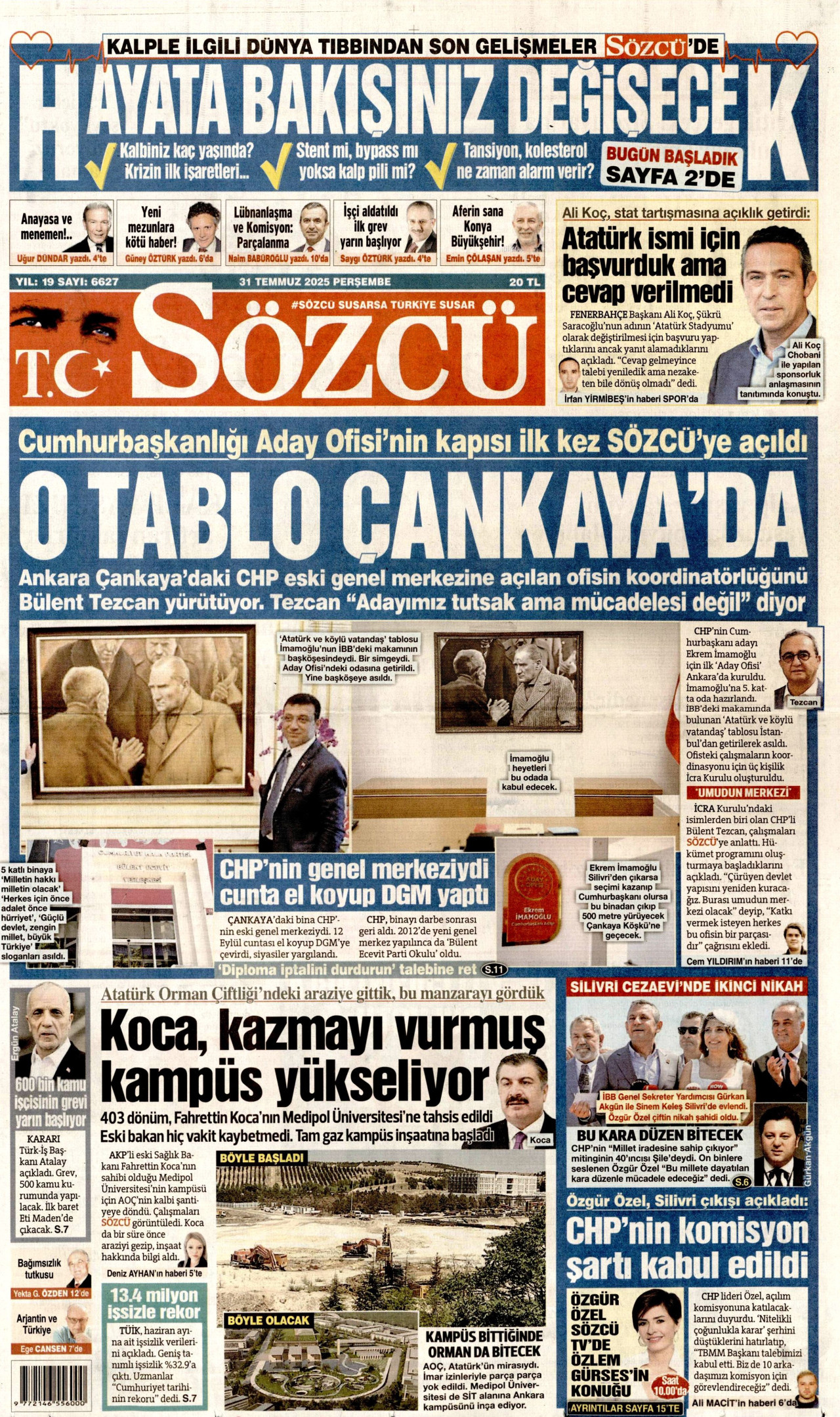 SÖZCÜ gazetesinin 31 Temmuz 2025 tarihli birinci sayfası