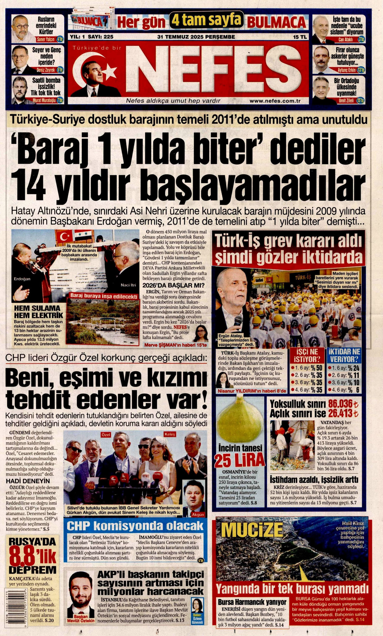 NEFES gazetesinin 31 Temmuz 2025 tarihli birinci sayfası