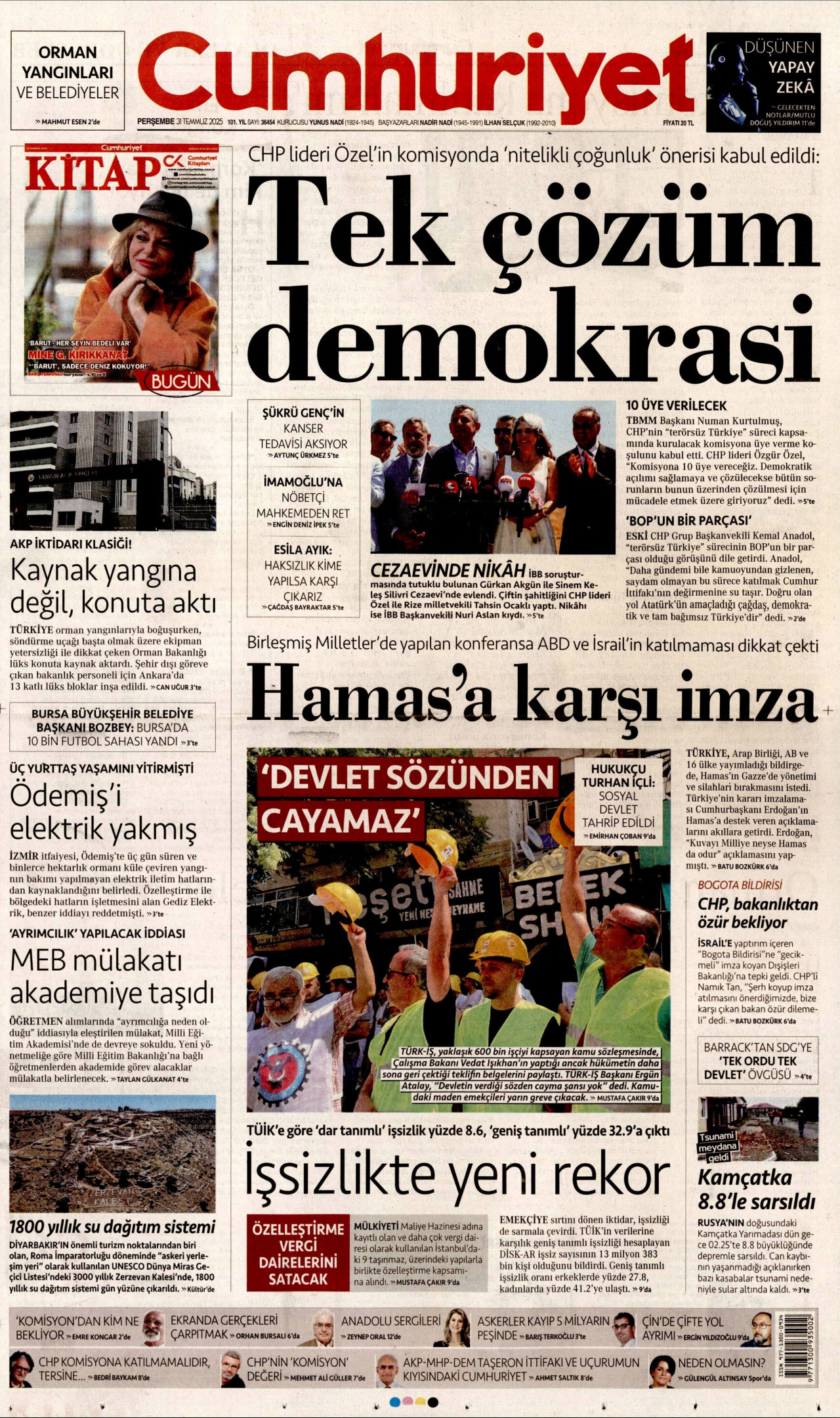 CUMHURİYET gazetesinin 31 Temmuz 2025 tarihli birinci sayfası