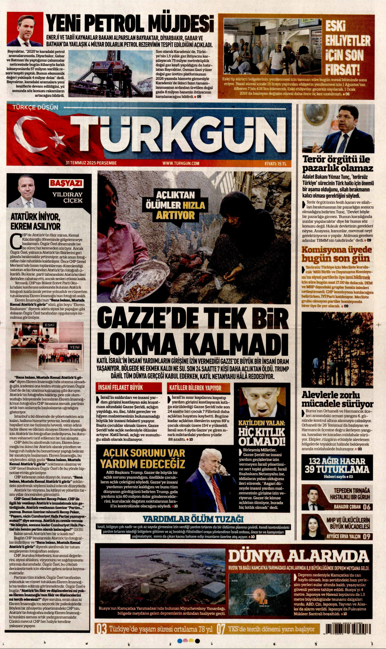 TÜRKGÜN gazetesinin 31 Temmuz 2025 tarihli birinci sayfası