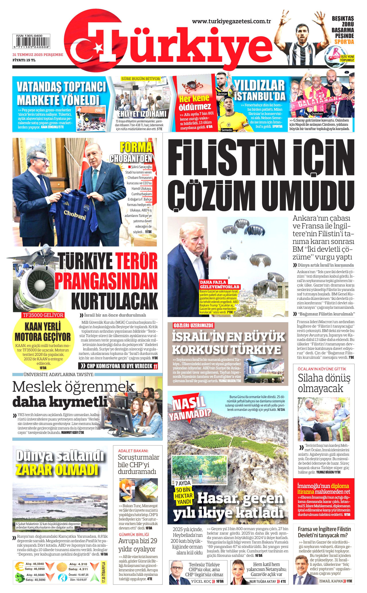 TÜRKİYE GAZETESİ gazetesinin 31 Temmuz 2025 tarihli birinci sayfası