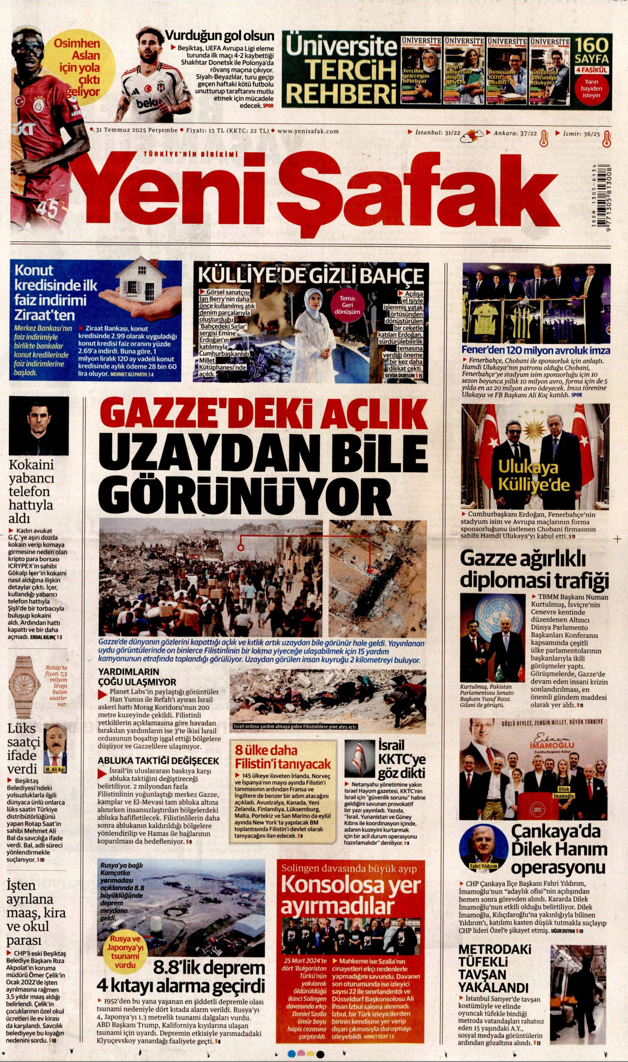 YENİ ŞAFAK gazetesinin 31 Temmuz 2025 tarihli birinci sayfası