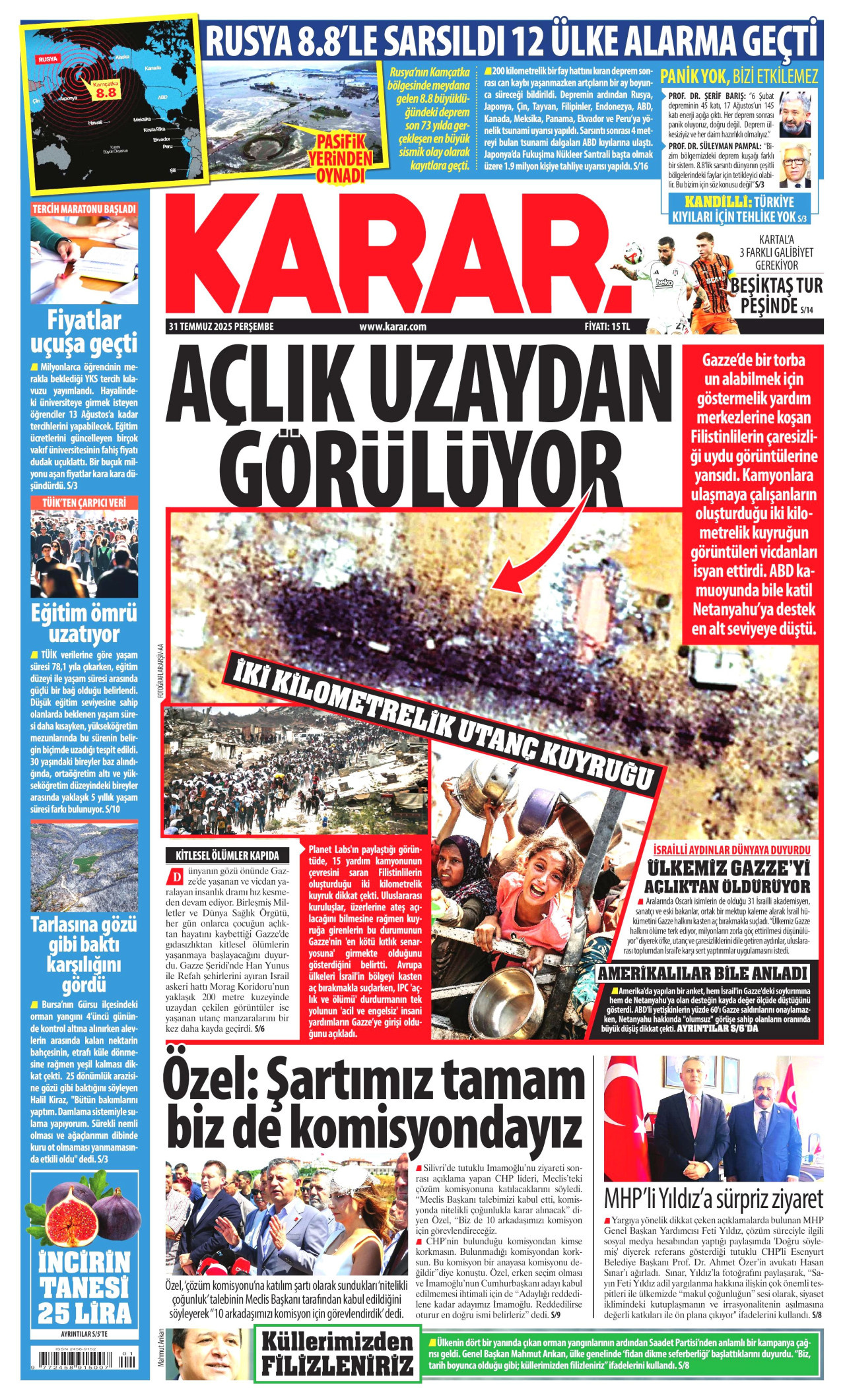 KARAR gazetesinin 31 Temmuz 2025 tarihli birinci sayfası