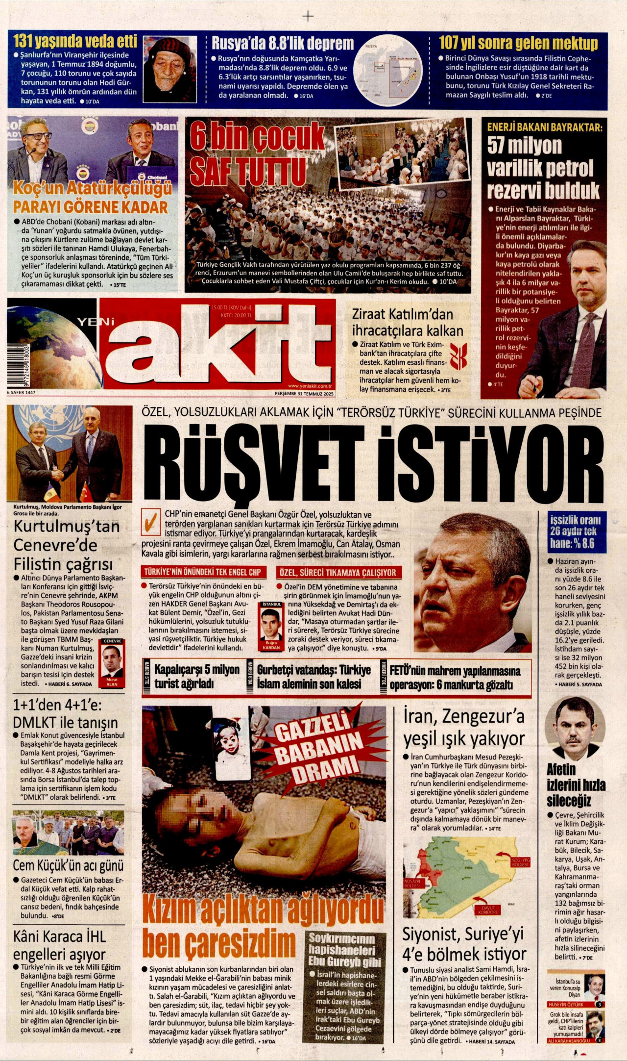 YENİ AKİT gazetesinin 31 Temmuz 2025 tarihli birinci sayfası