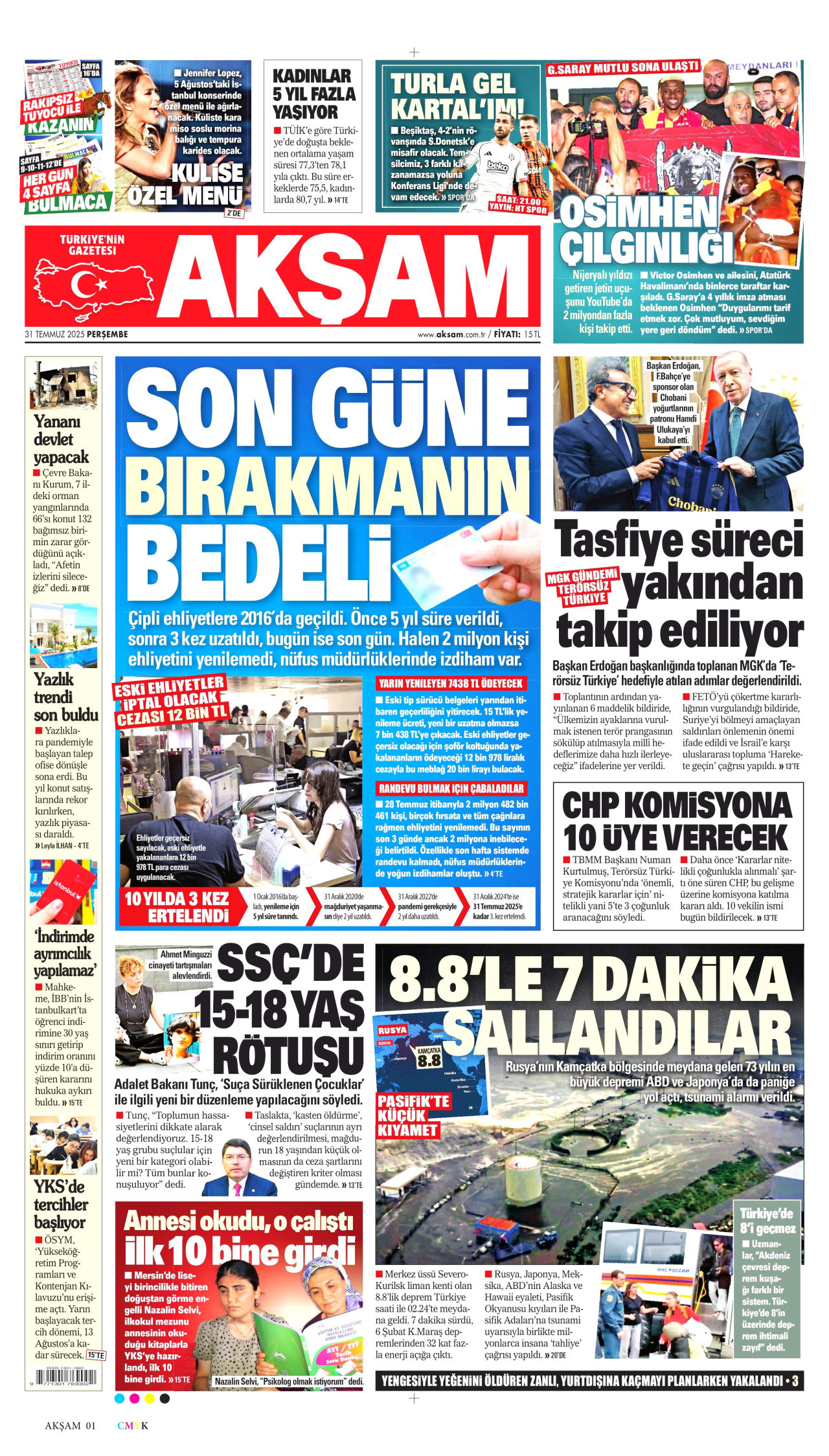 AKŞAM gazetesinin 31 Temmuz 2025 tarihli birinci sayfası