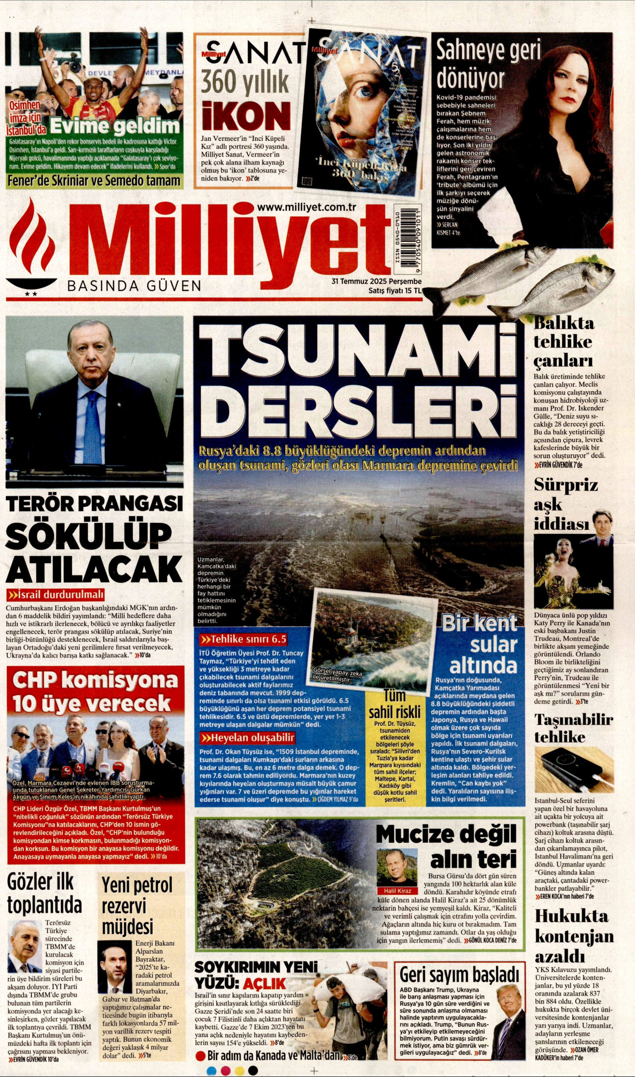 MİLLİYET gazetesinin 31 Temmuz 2025 tarihli birinci sayfası