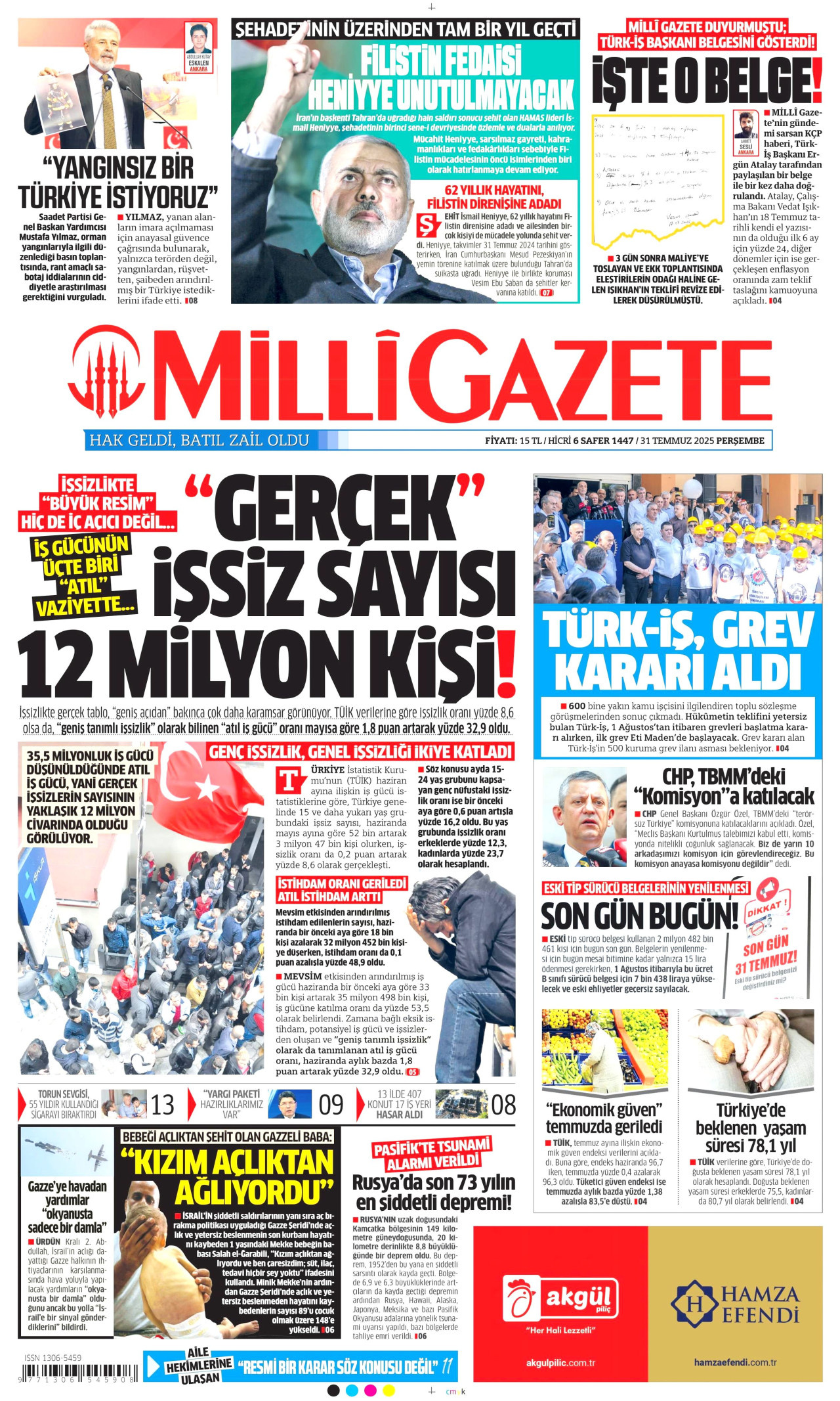 MİLLİ GAZETE gazetesinin 31 Temmuz 2025 tarihli birinci sayfası